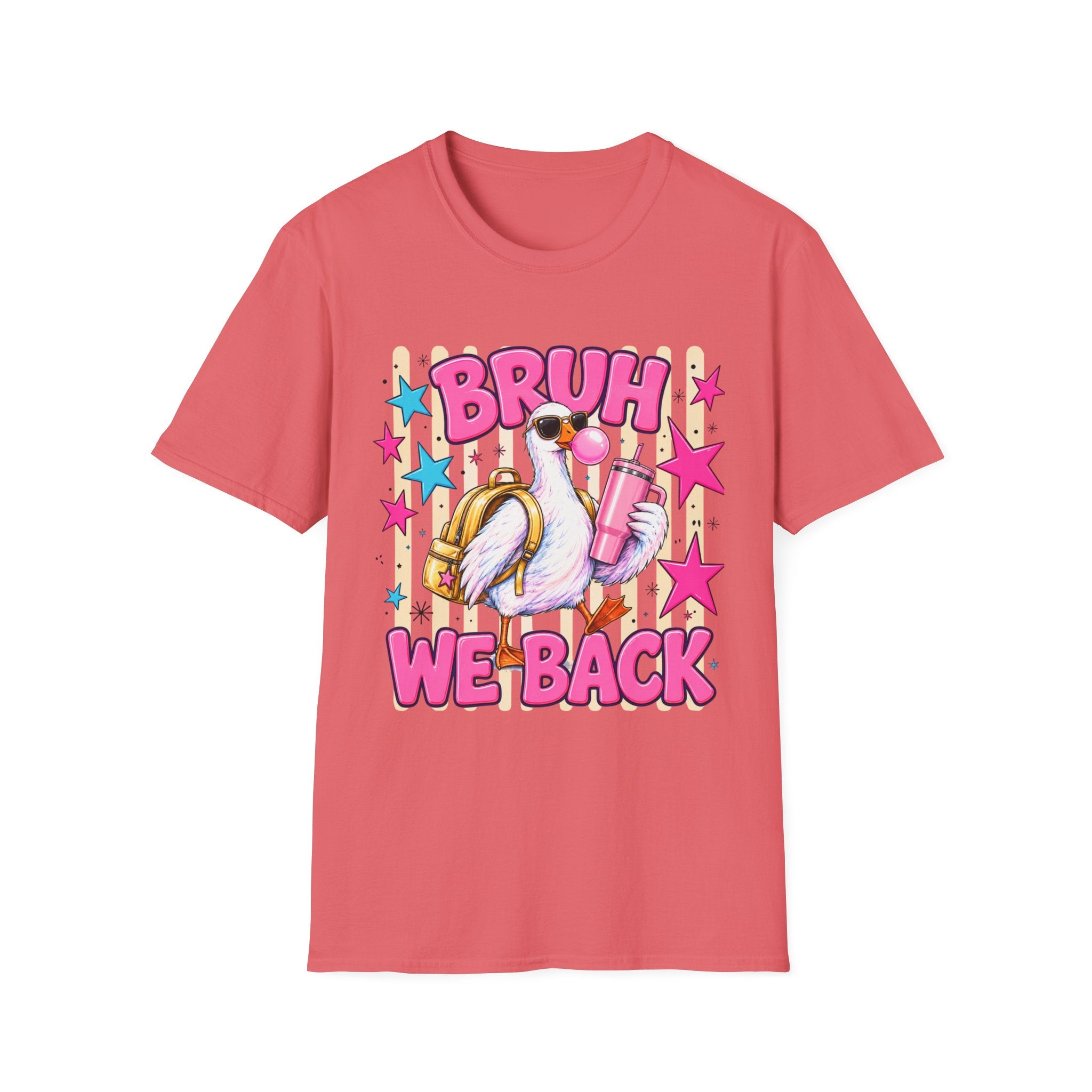 Bruh We Back! Graphic T-Shirt — Retro Flamingo with Bubblegum & Stars