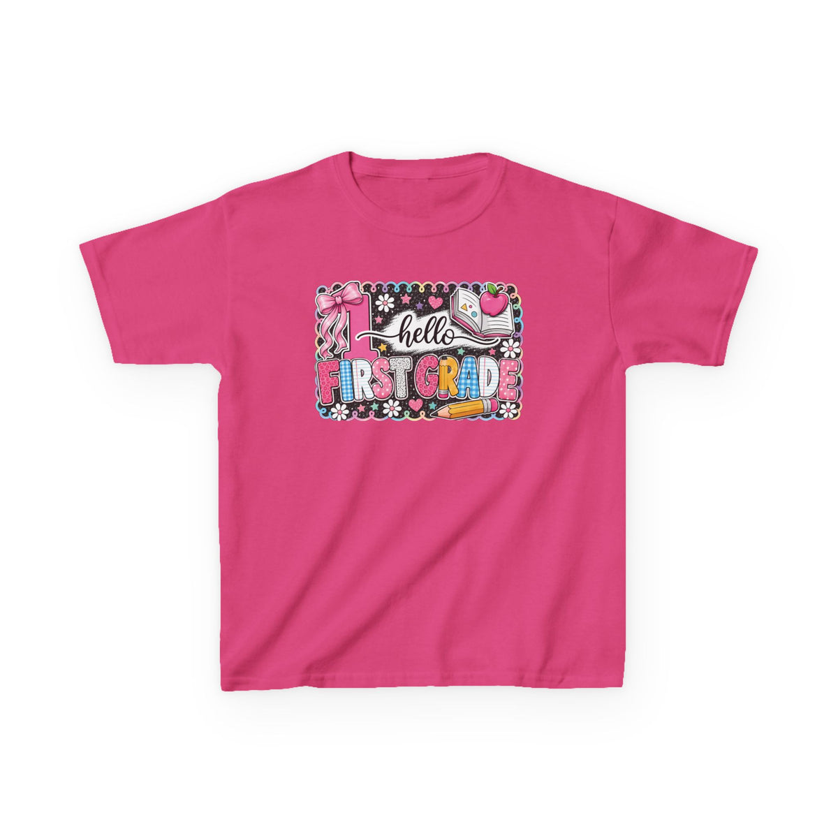 First Grade Kids T‑Shirt - "Hello First Grade" Colorful School Back-to-School Tee