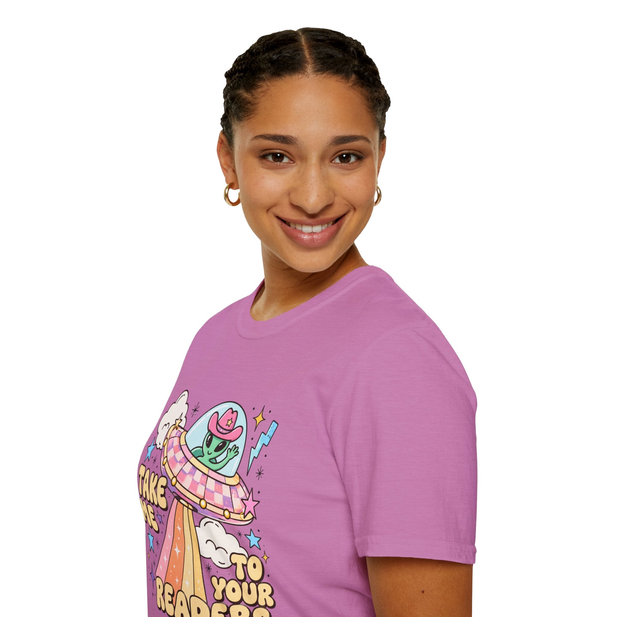 T-Shirt — “Take Me to Your Readers” Alien UFO Cute Graphic Tee