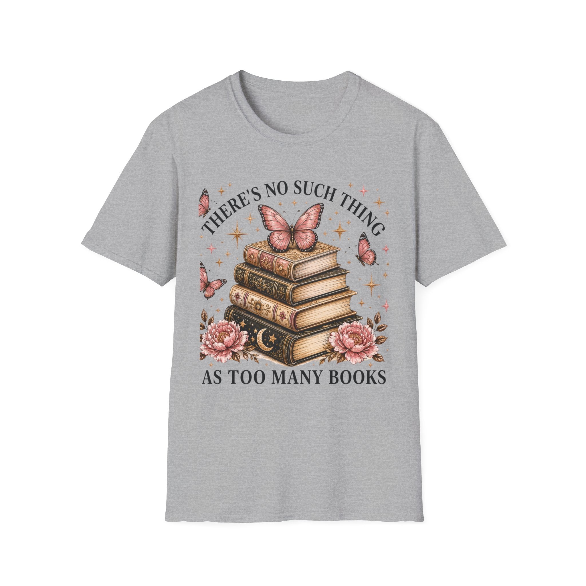 Book Lover T-Shirt — "There's No Such Thing as Too Many Books" Vintage Butterfly Design