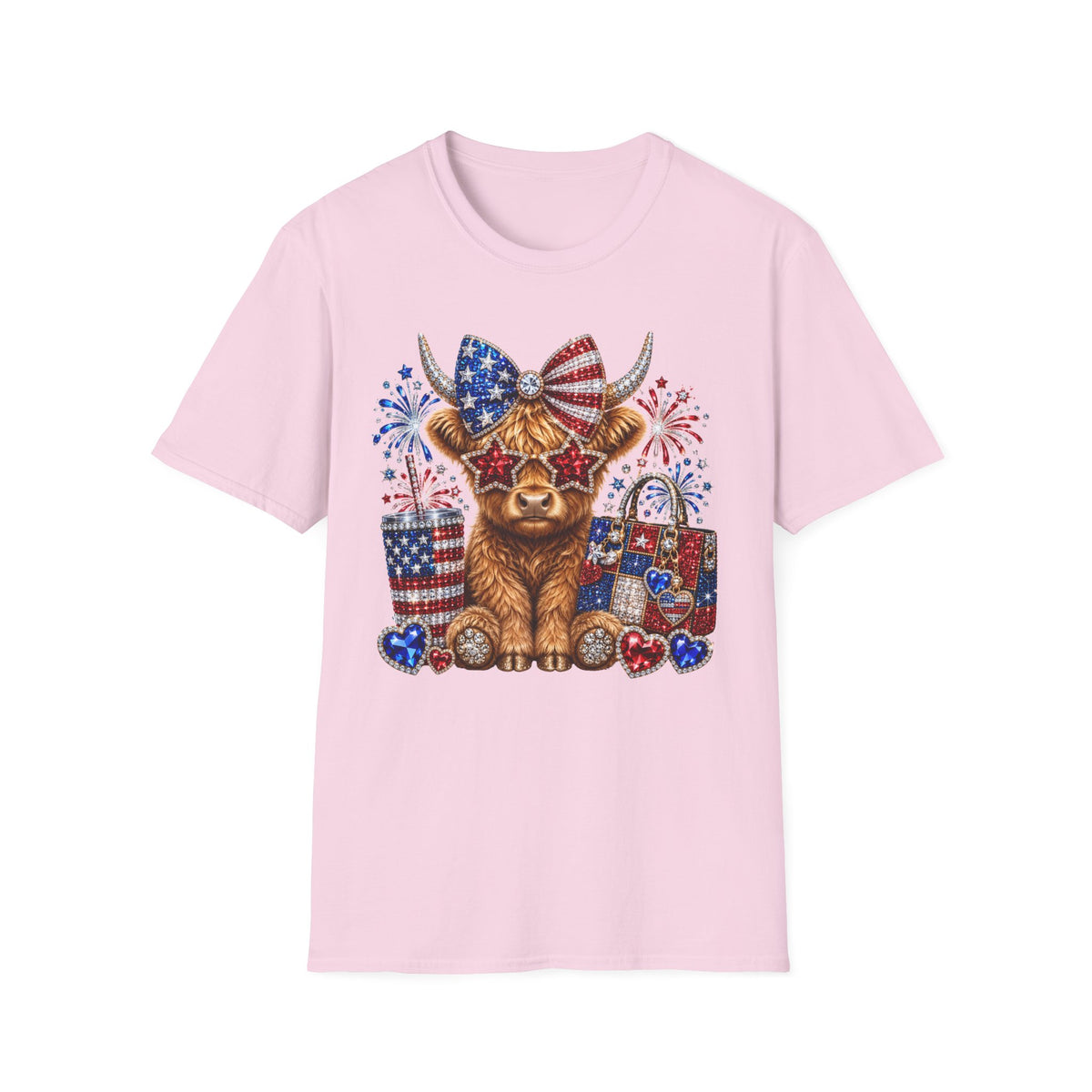 Patriotic Highland Cow T‑Shirt — USA Flag Bow, Fireworks & Stars (4th of July)