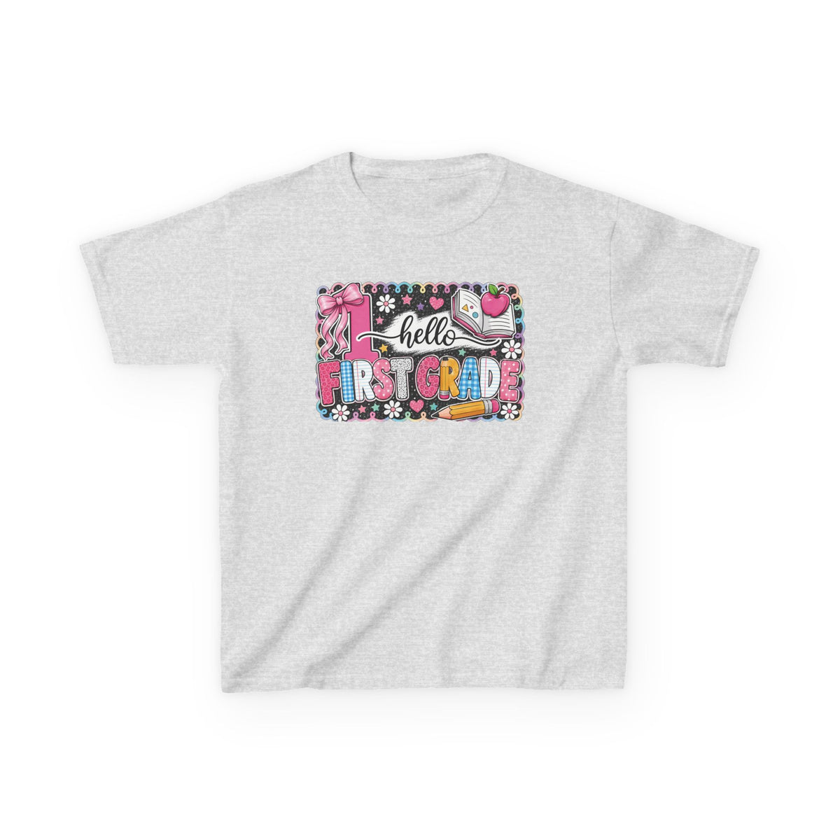 First Grade Kids T‑Shirt - "Hello First Grade" Colorful School Back-to-School Tee