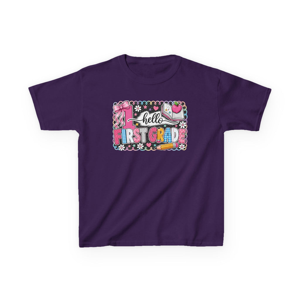 First Grade Kids T‑Shirt - "Hello First Grade" Colorful School Back-to-School Tee