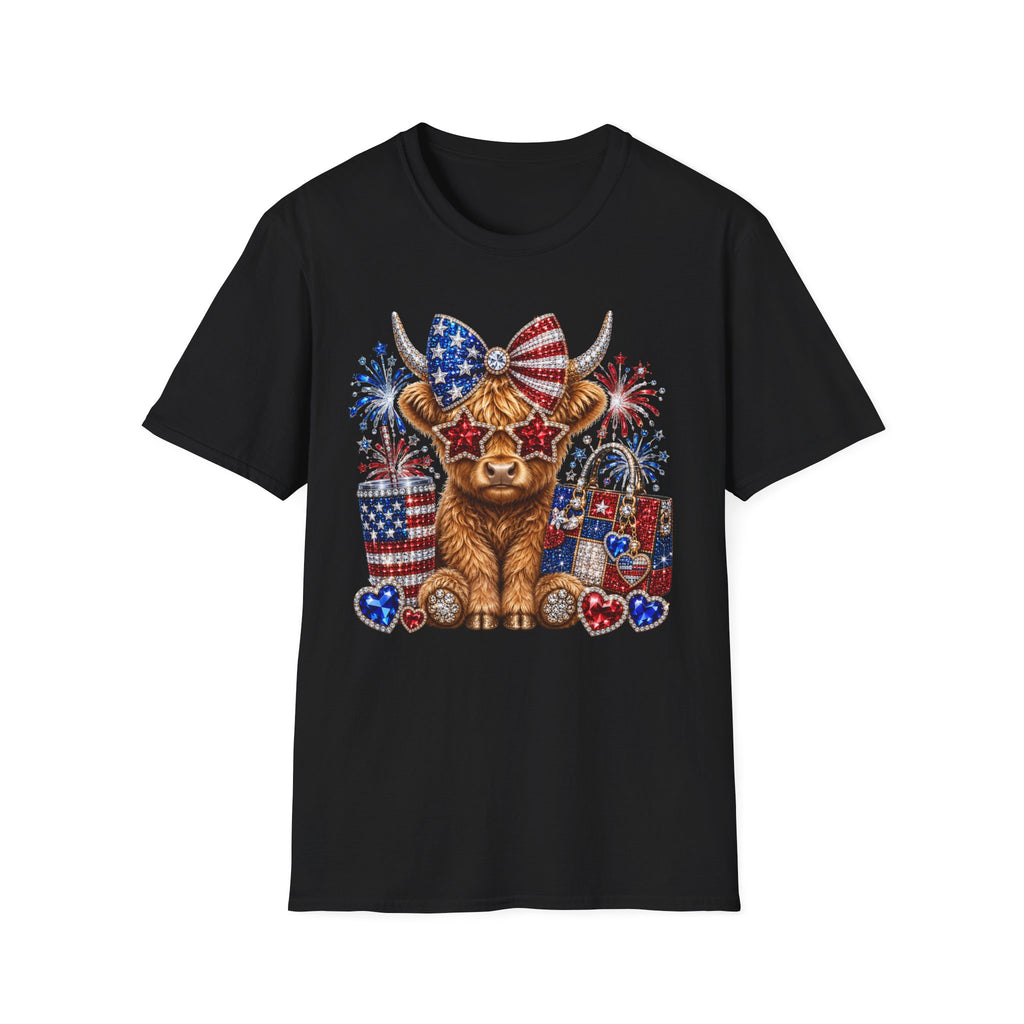 Patriotic Highland Cow T‑Shirt — USA Flag Bow, Fireworks & Stars (4th of July)