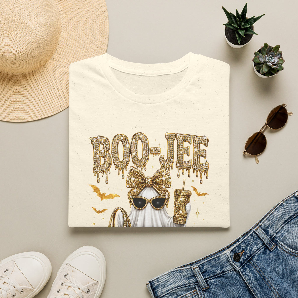 Boo-Jee Ghost T-Shirt — Glam Halloween Graphic Tee with Gold Glitter Accessories