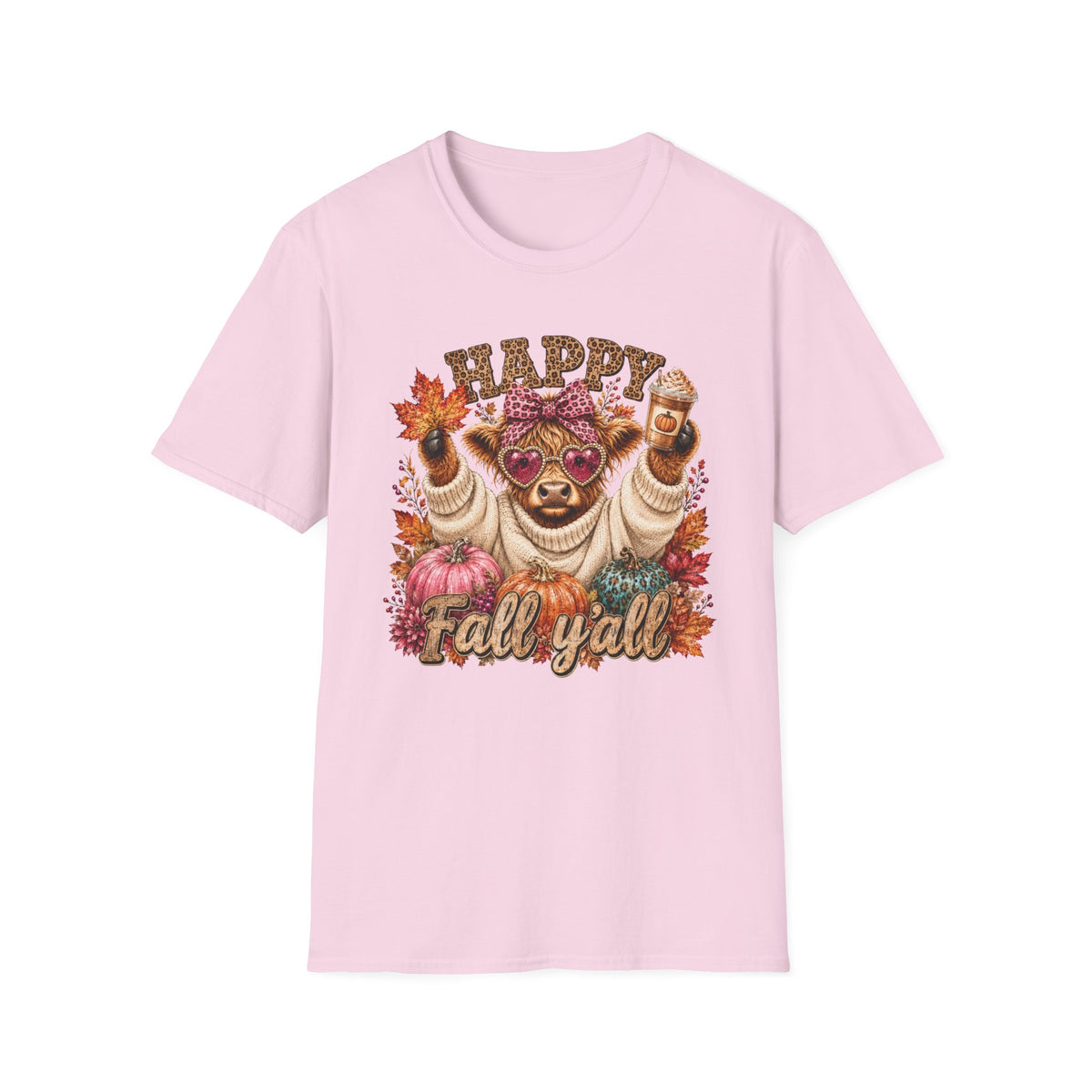 Happy Fall Y'all T-Shirt — Cute Cow in Sweater Autumn Tee