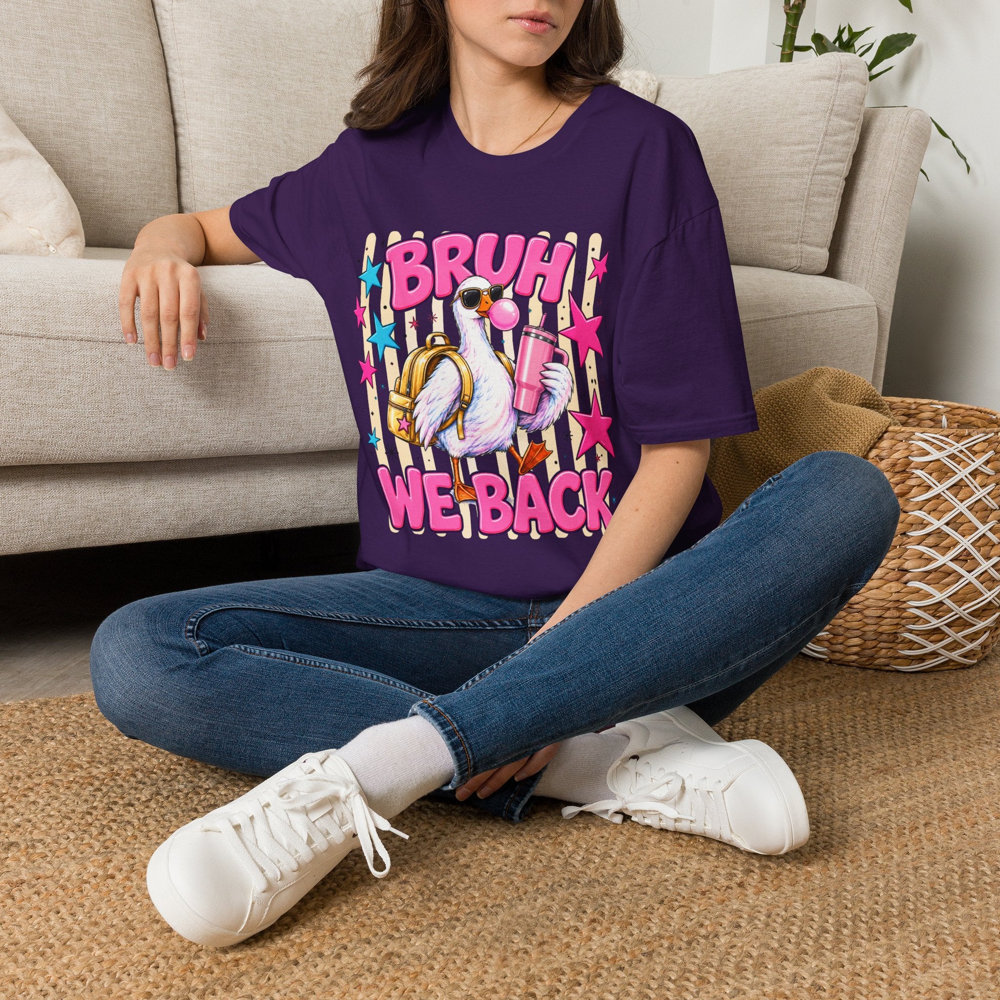 Bruh We Back! Graphic T-Shirt — Retro Flamingo with Bubblegum & Stars