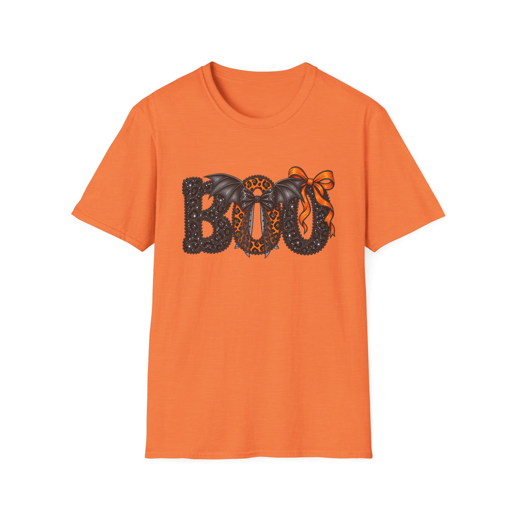 Boo Halloween T-Shirt — Leopard Bat Bow "BOO" Graphic Tee