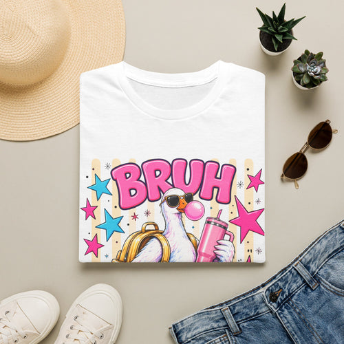 Bruh We Back! Graphic T-Shirt — Retro Flamingo with Bubblegum & Stars