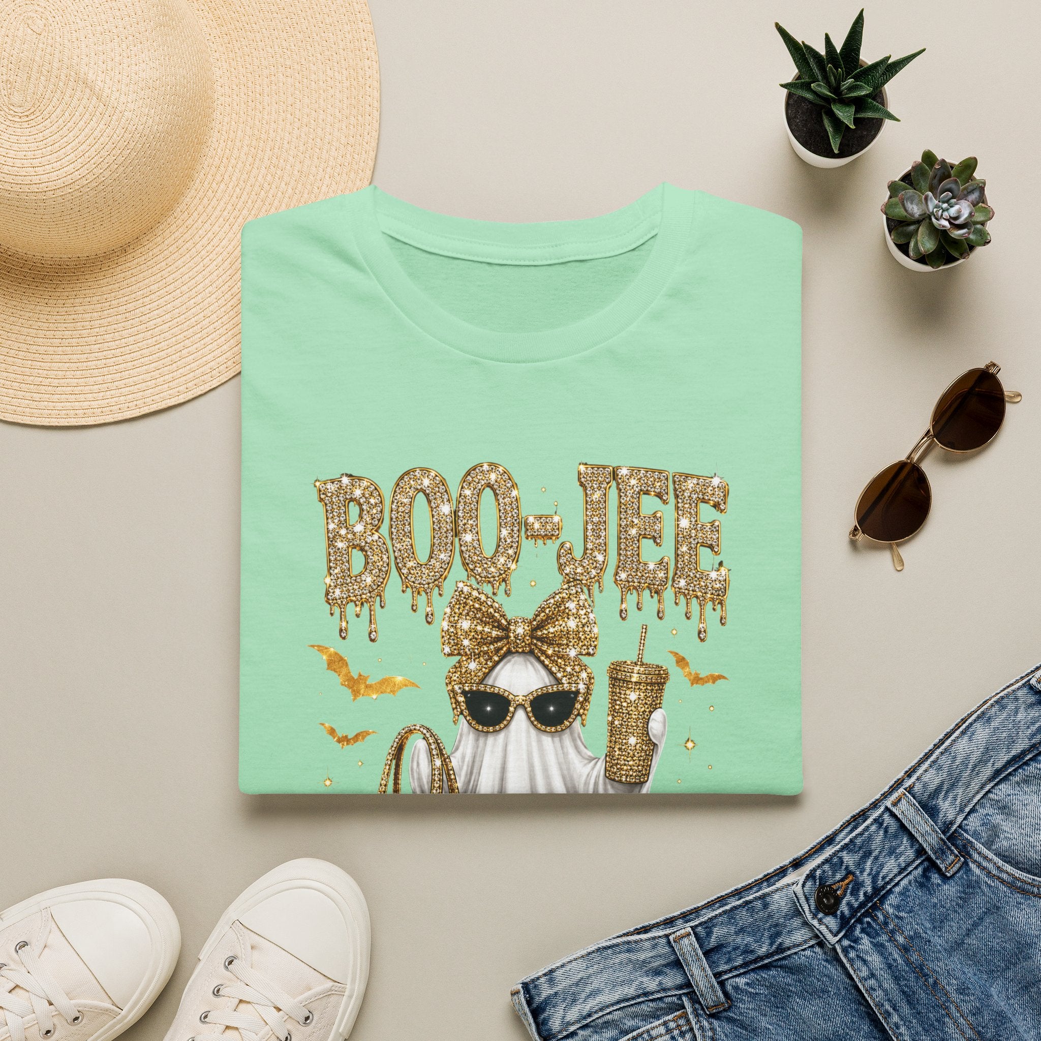 Boo-Jee Ghost T-Shirt — Glam Halloween Graphic Tee with Gold Glitter Accessories