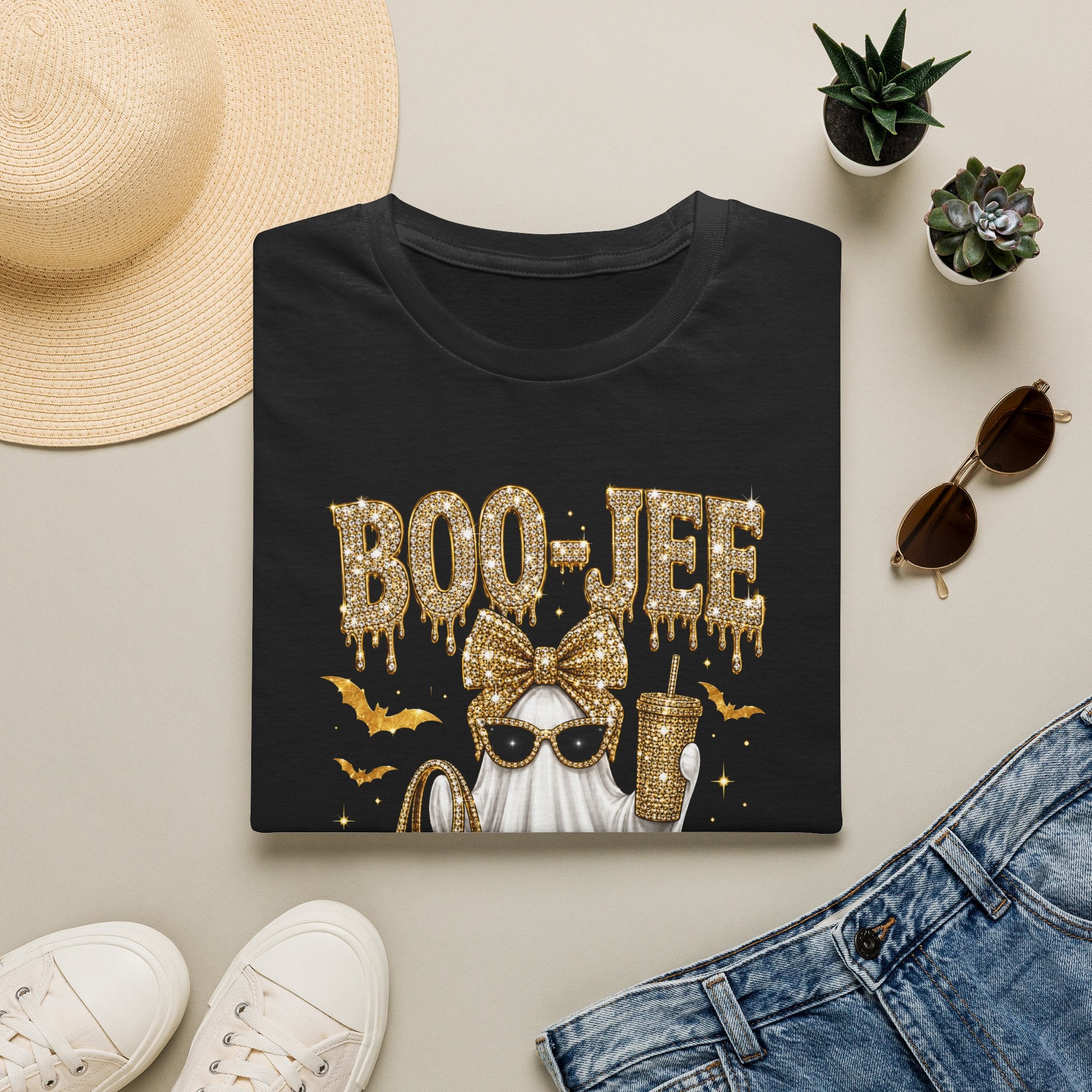 Boo-Jee Ghost T-Shirt — Glam Halloween Graphic Tee with Gold Glitter Accessories