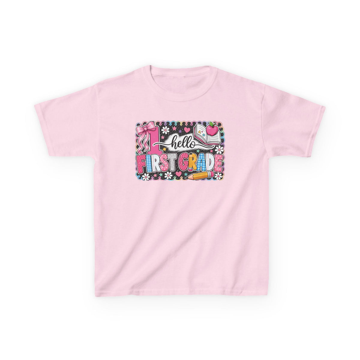 First Grade Kids T‑Shirt - "Hello First Grade" Colorful School Back-to-School Tee