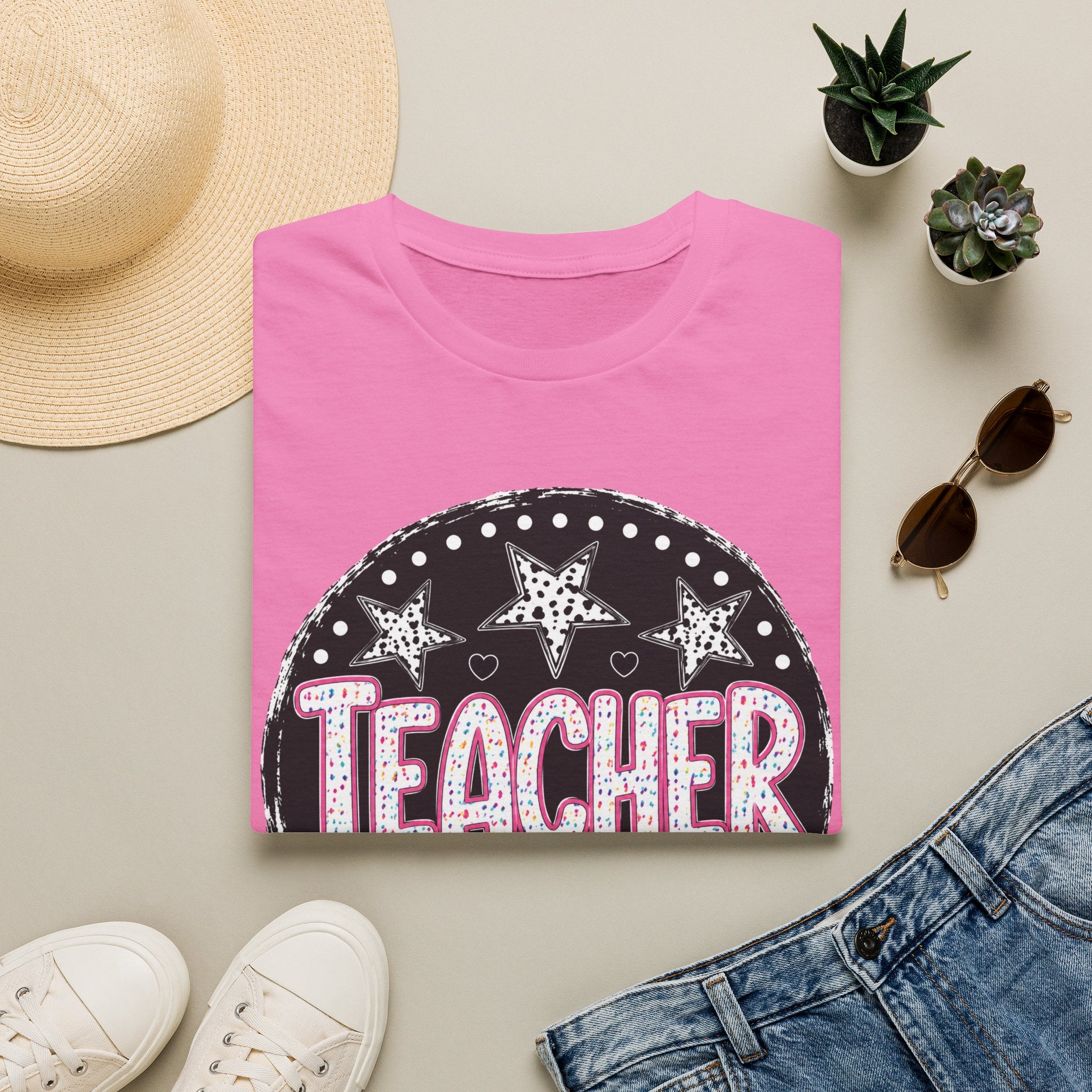 Teacher Starburst T‑Shirt — Cute Pink Marquee Text Tee for Educators