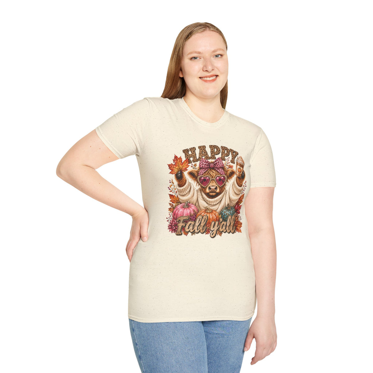 Happy Fall Y'all T-Shirt — Cute Cow in Sweater with Coffee & Leaves