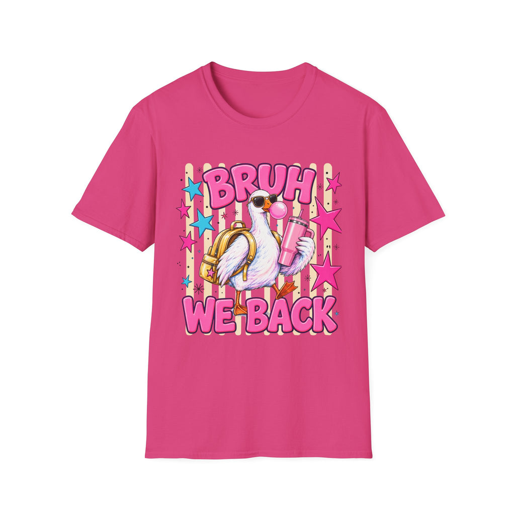 Bruh We Back! Graphic T-Shirt — Retro Flamingo with Bubblegum & Stars