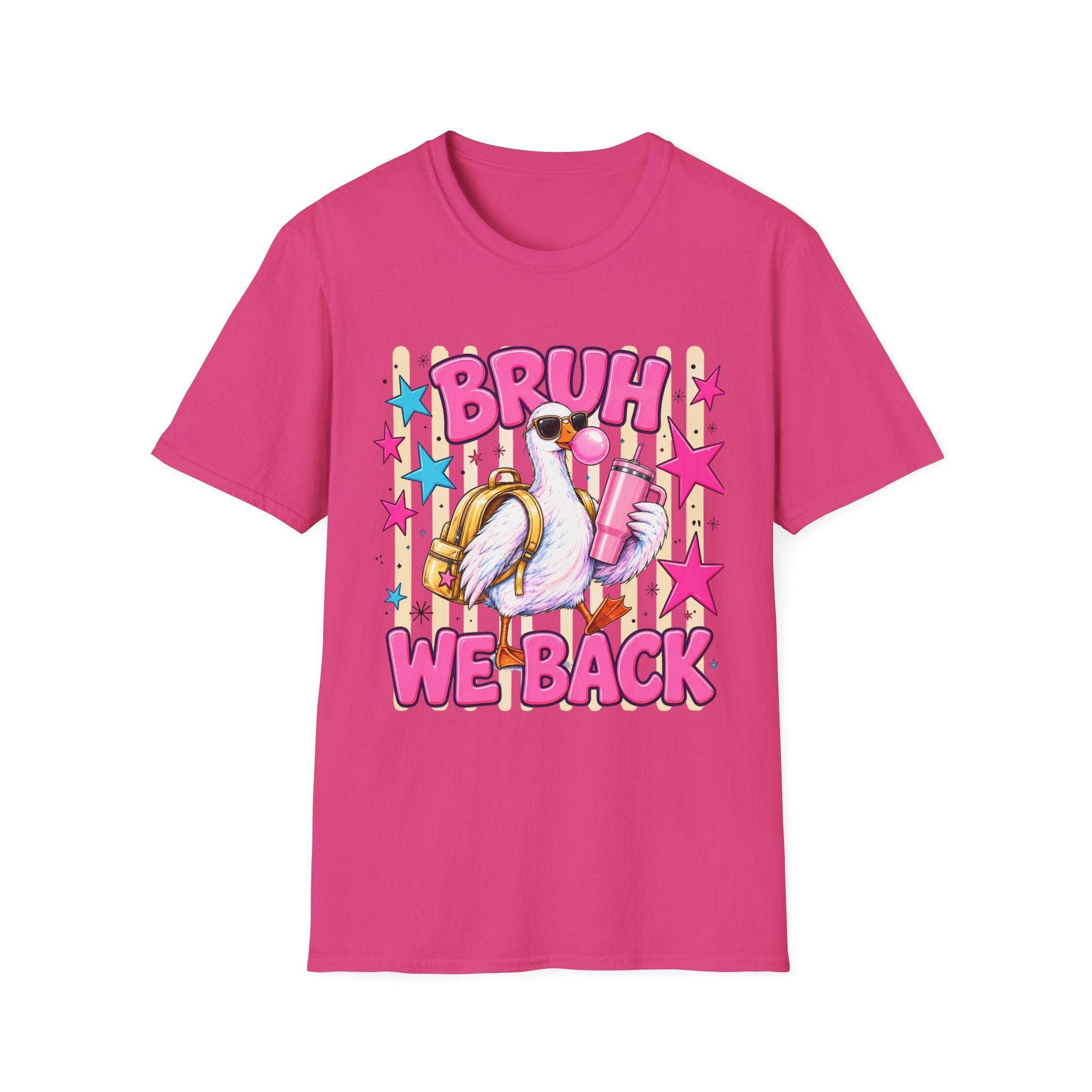 Bruh We Back! Graphic T-Shirt — Retro Flamingo with Bubblegum & Stars