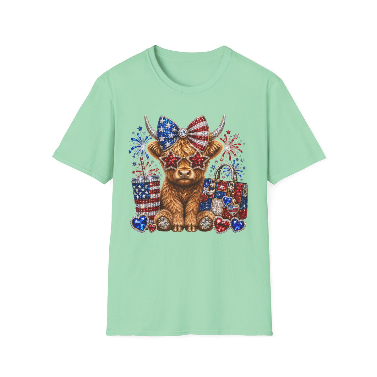 Patriotic Highland Cow T‑Shirt — USA Flag Bow, Fireworks & Stars (4th of July)