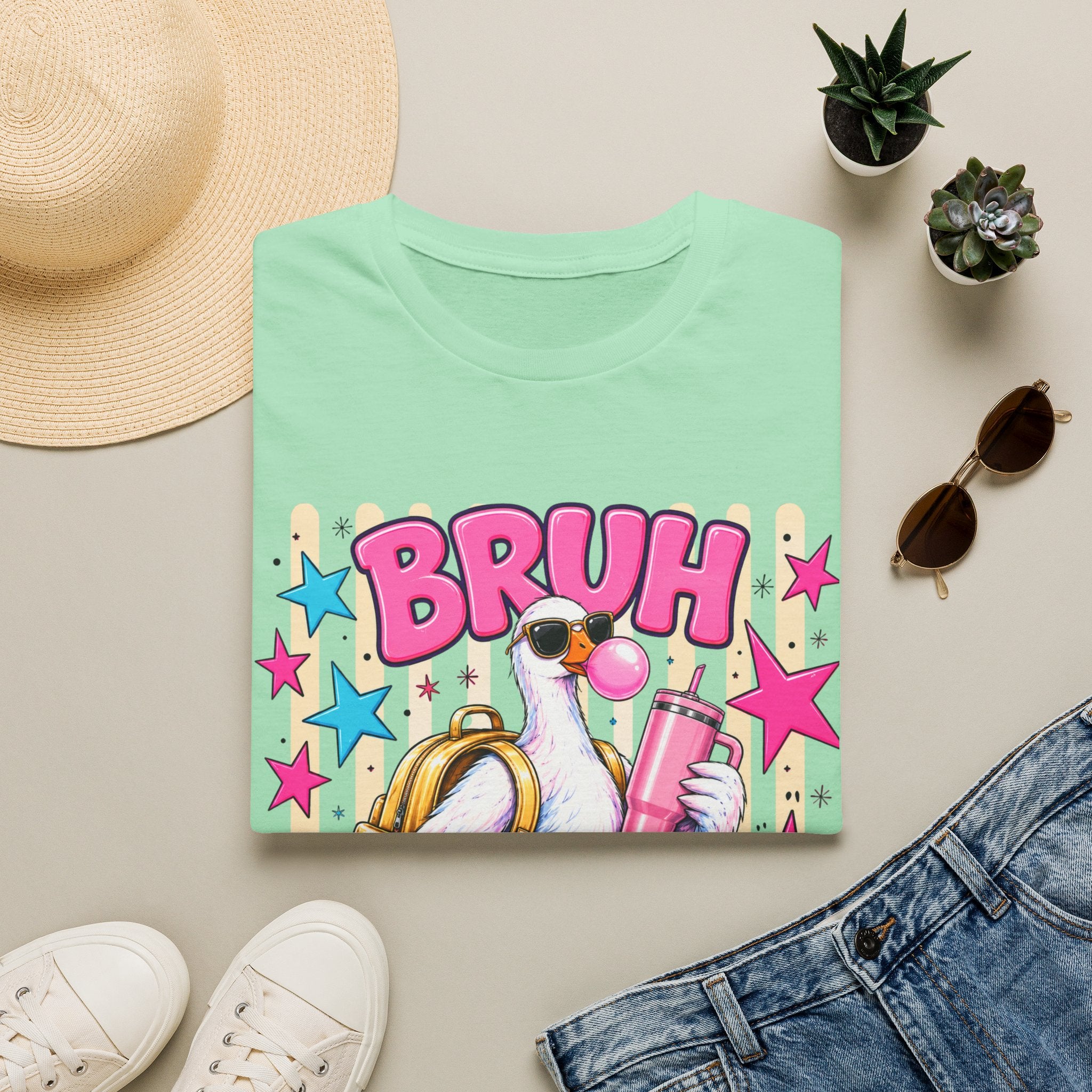 Bruh We Back! Graphic T-Shirt — Retro Flamingo with Bubblegum & Stars
