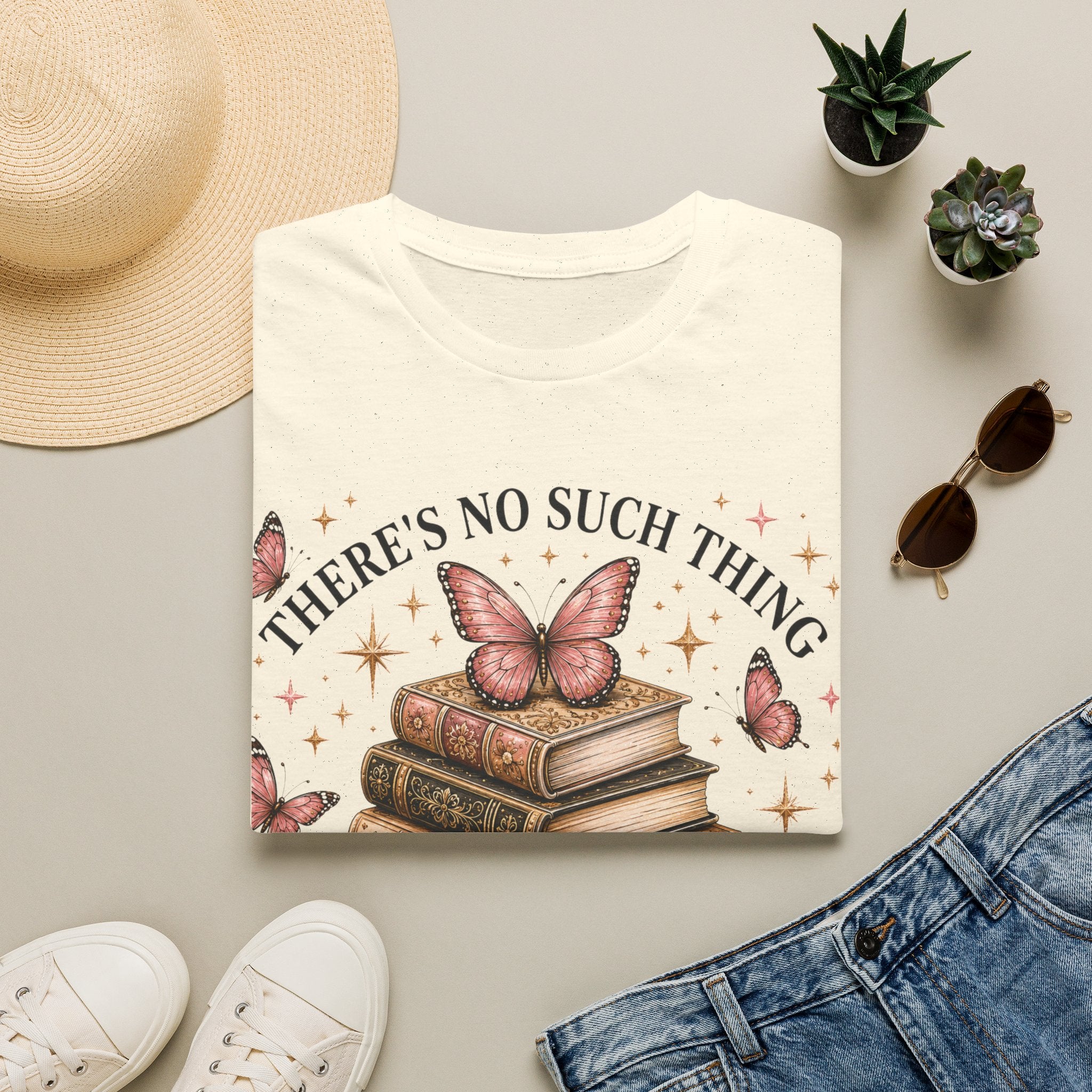 Book Lover T-Shirt — "There's No Such Thing as Too Many Books" Vintage Butterfly Design