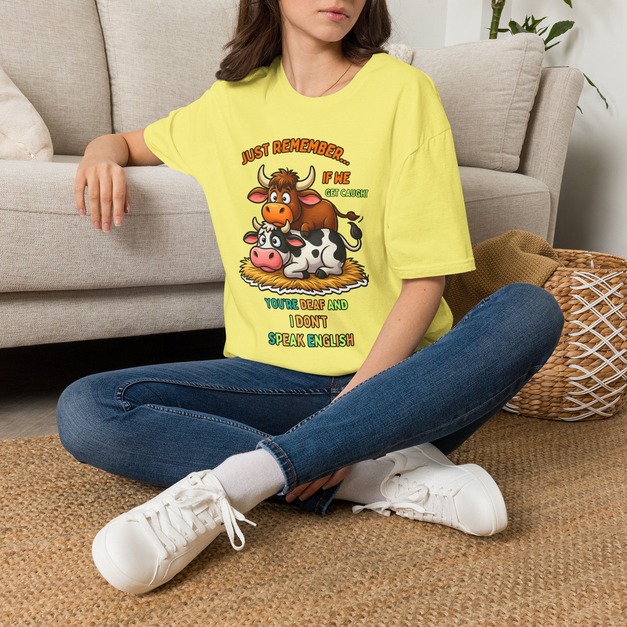 Cowpile Humor T-Shirt — "Just Remember… If He Get Caught" Cute Farm Animal Tee