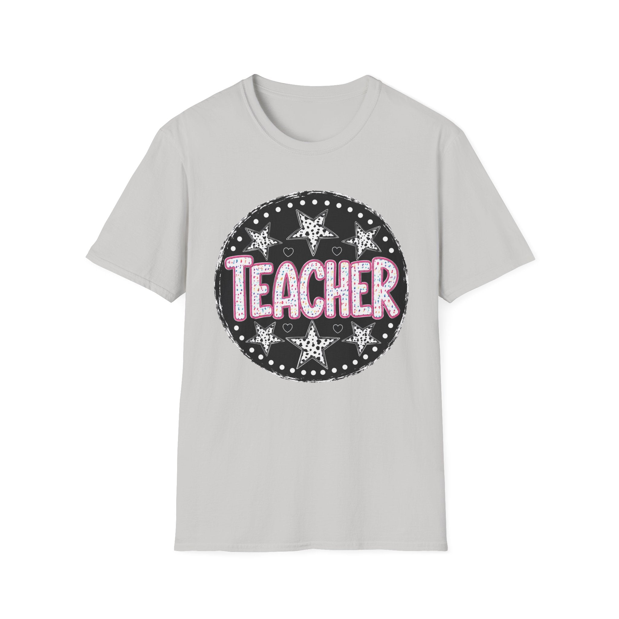 Teacher Starburst T‑Shirt — Cute Pink Marquee Text Tee for Educators