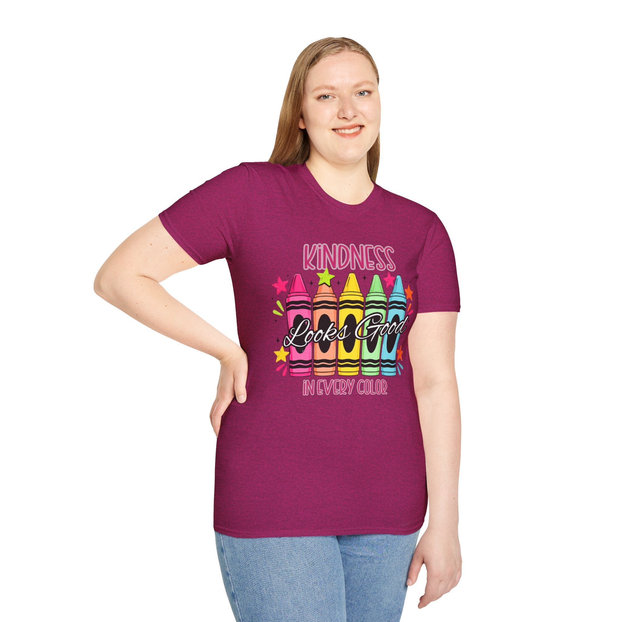 Kindness Looks Good T-Shirt — Colorful Crayon Graphic Tee for Teachers & Kids