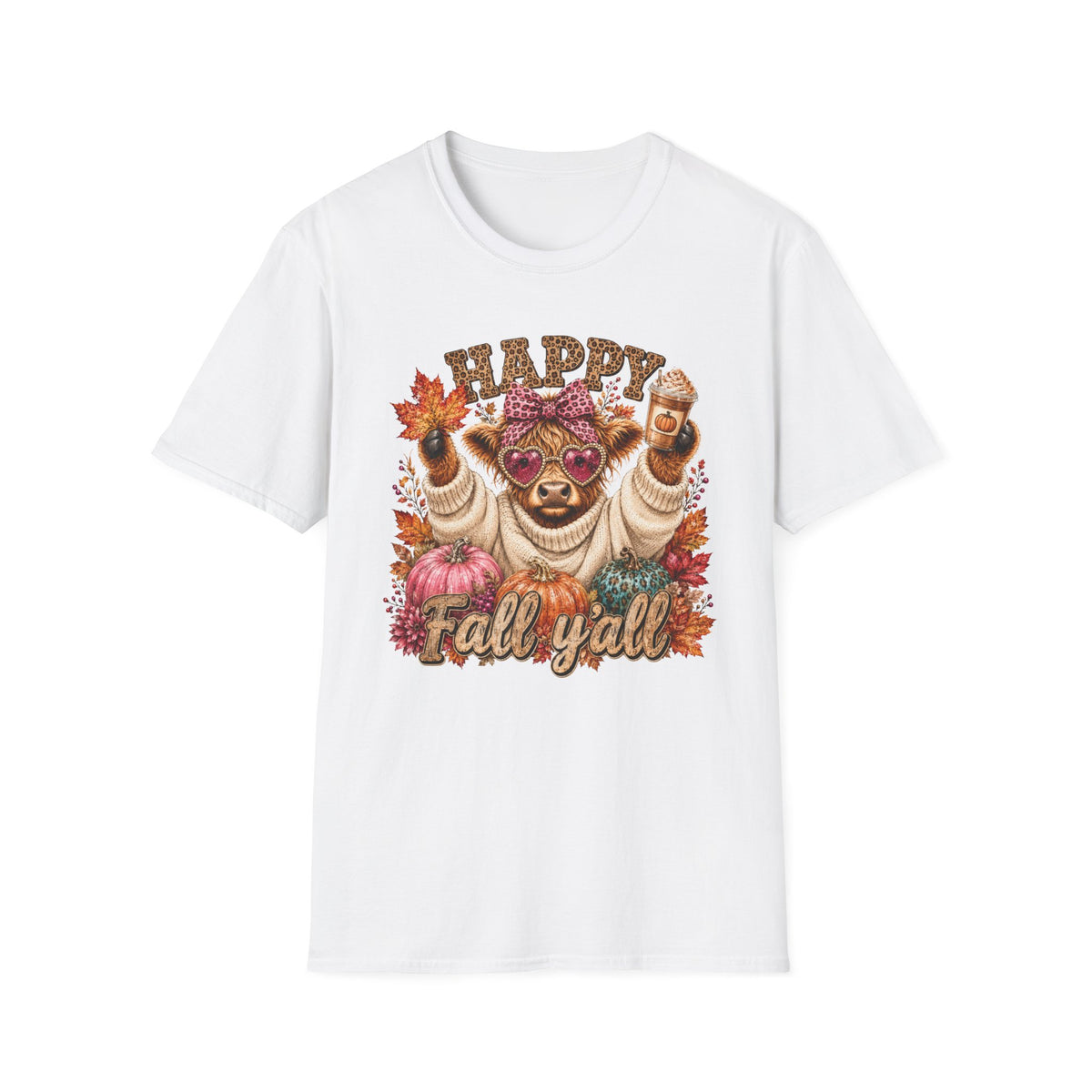 Happy Fall Y'all T-Shirt — Cute Cow in Sweater Autumn Tee