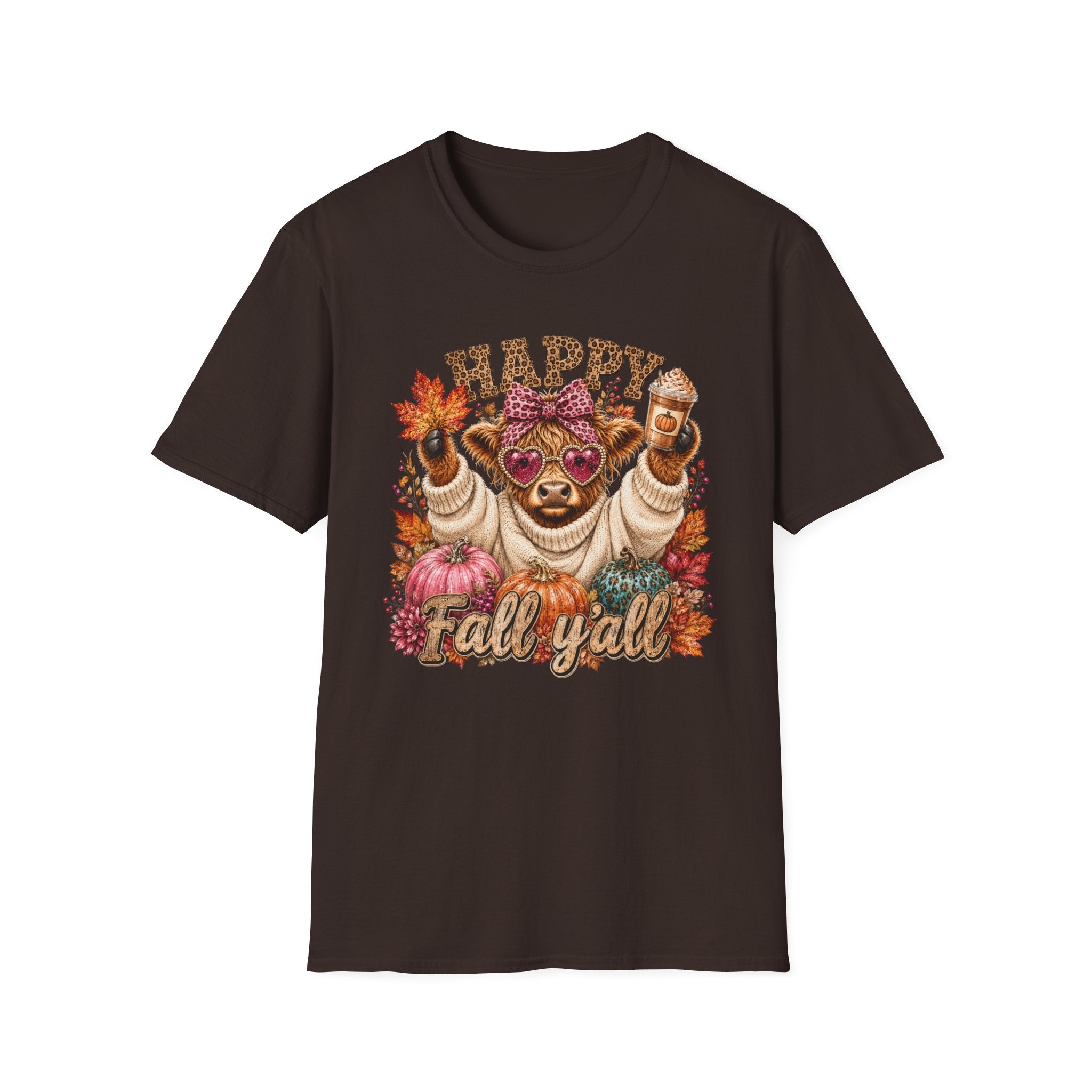 Happy Fall Y'all T-Shirt — Cute Cow in Sweater with Coffee & Leaves