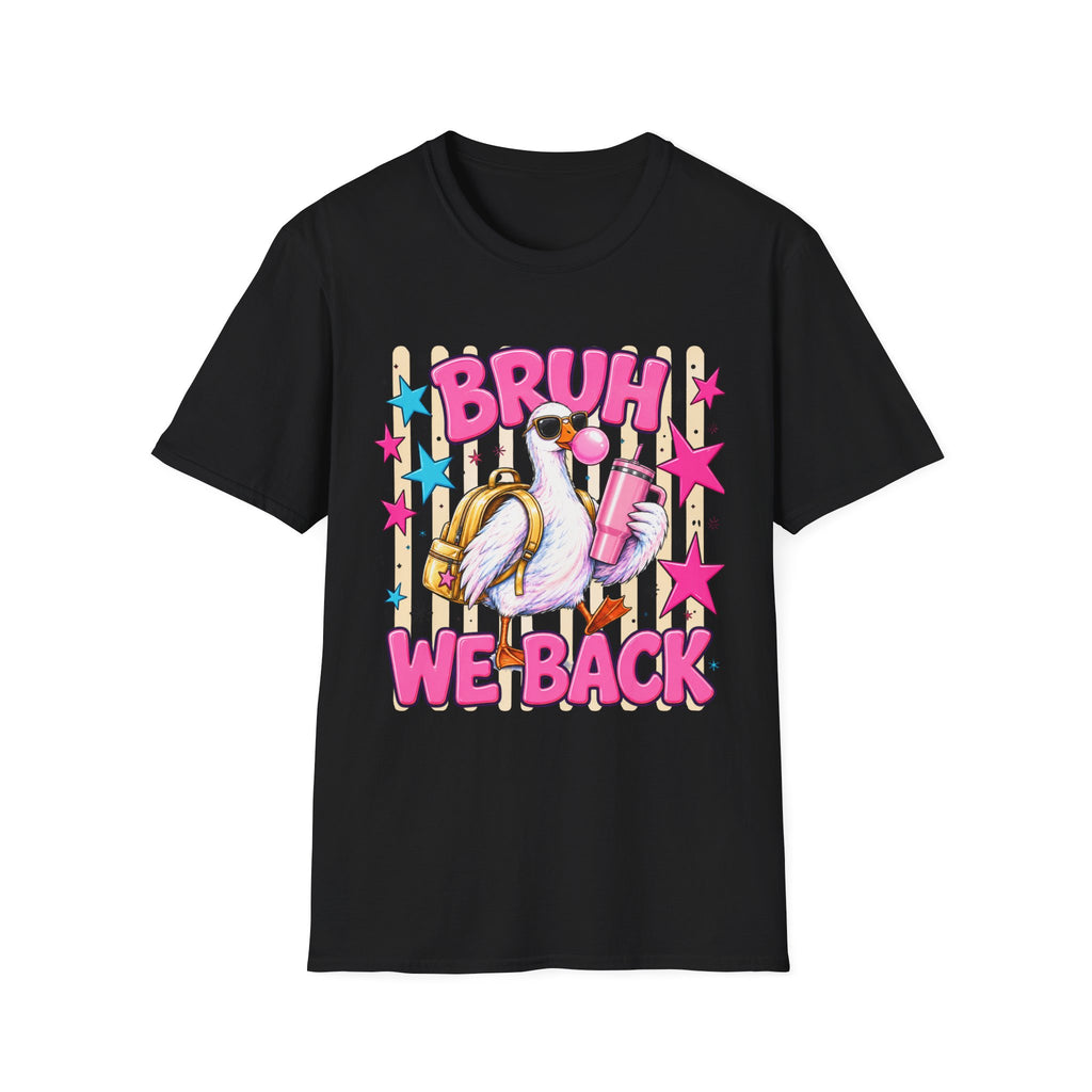 Bruh We Back! Graphic T-Shirt — Retro Flamingo with Bubblegum & Stars