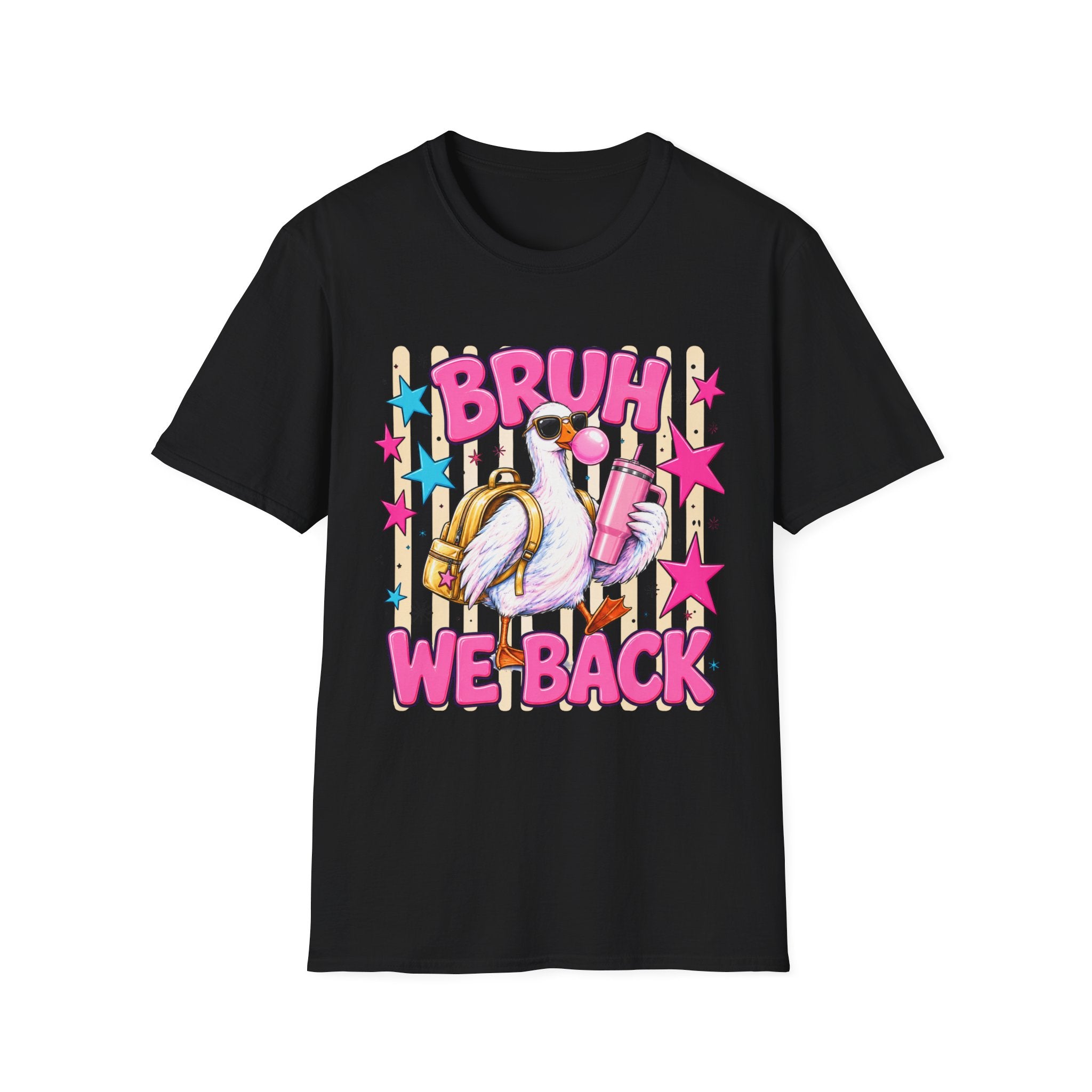 Bruh We Back! Graphic T-Shirt — Retro Flamingo with Bubblegum & Stars