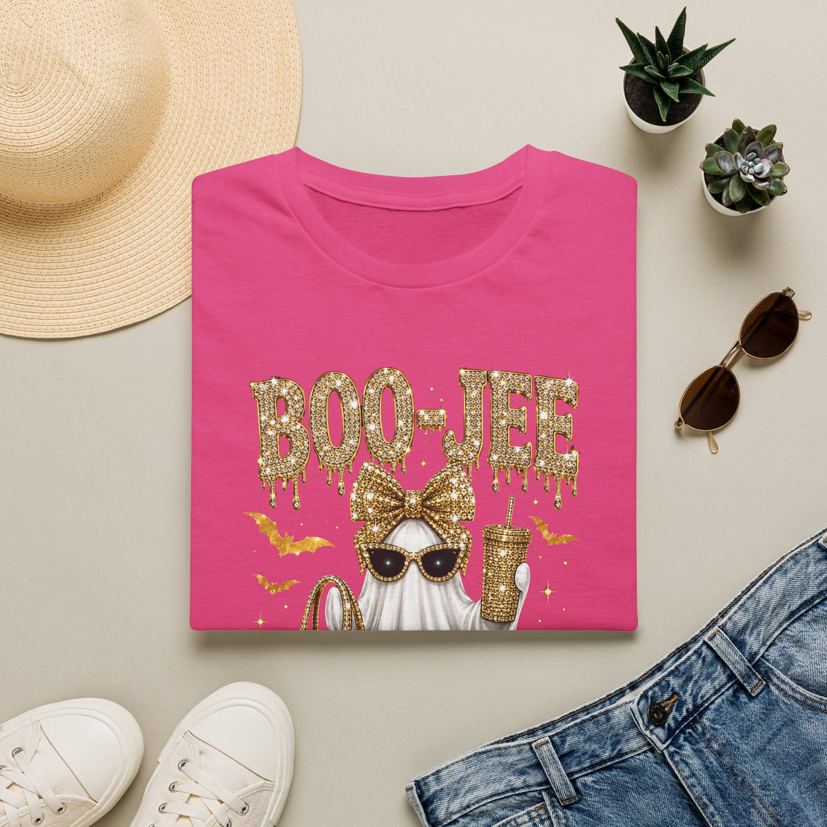 Boo-Jee Ghost T-Shirt — Glam Halloween Graphic Tee with Gold Glitter Accessories