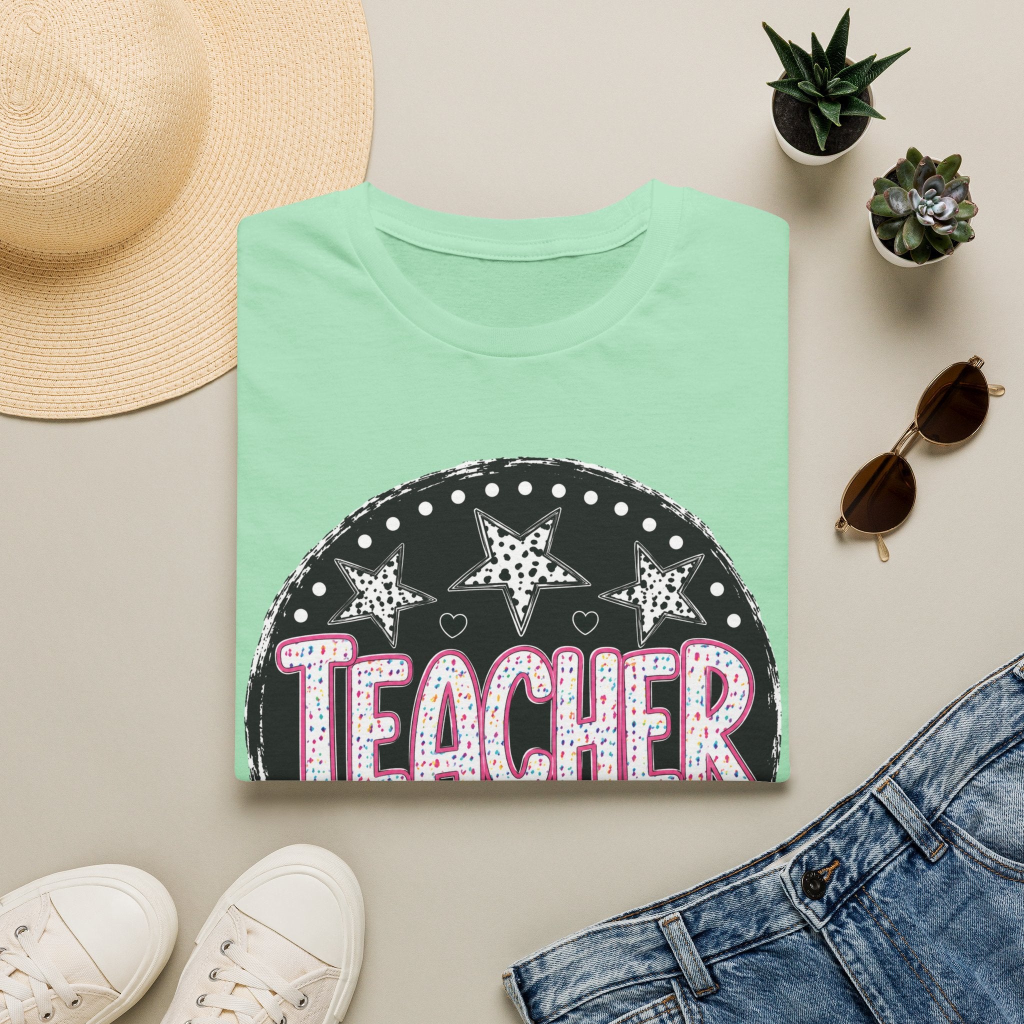 Teacher Starburst T‑Shirt — Cute Pink Marquee Text Tee for Educators
