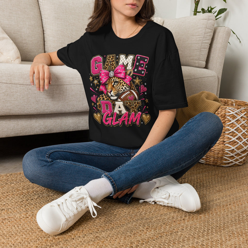 Game Day Glam T-Shirt — Leopard Football Design with Pink Bow