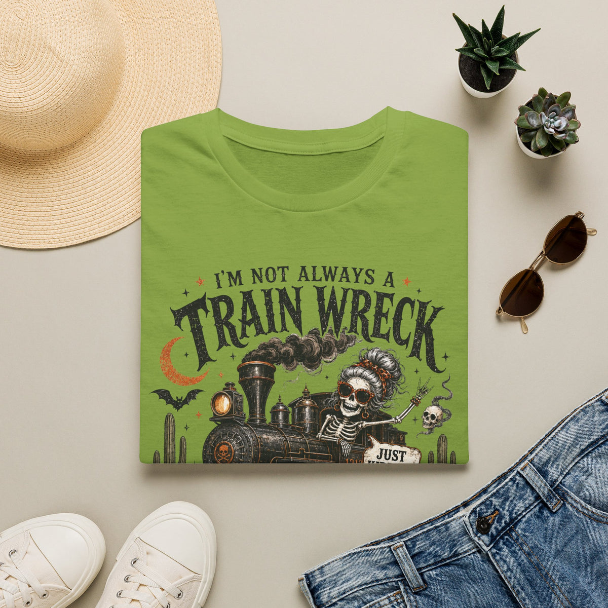 Train Wreck T‑Shirt — “I’m Not Always a Train Wreck…Just Toot Toot” Vintage Skeleton Locomotive Tee
