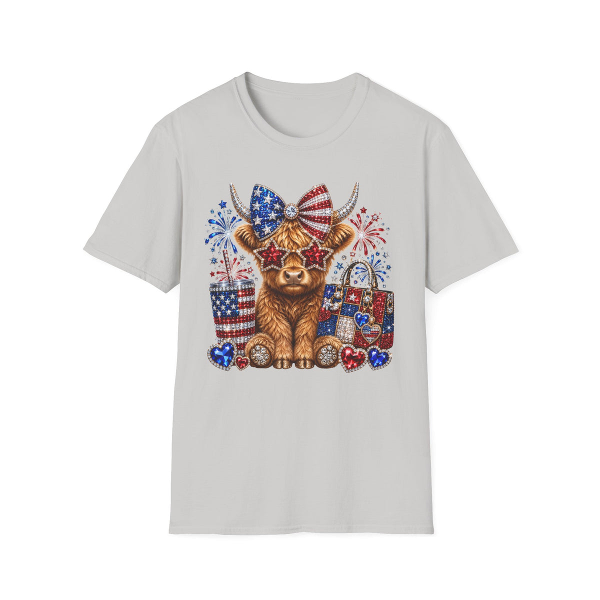 Patriotic Highland Cow T‑Shirt — USA Flag Bow, Fireworks & Stars (4th of July)