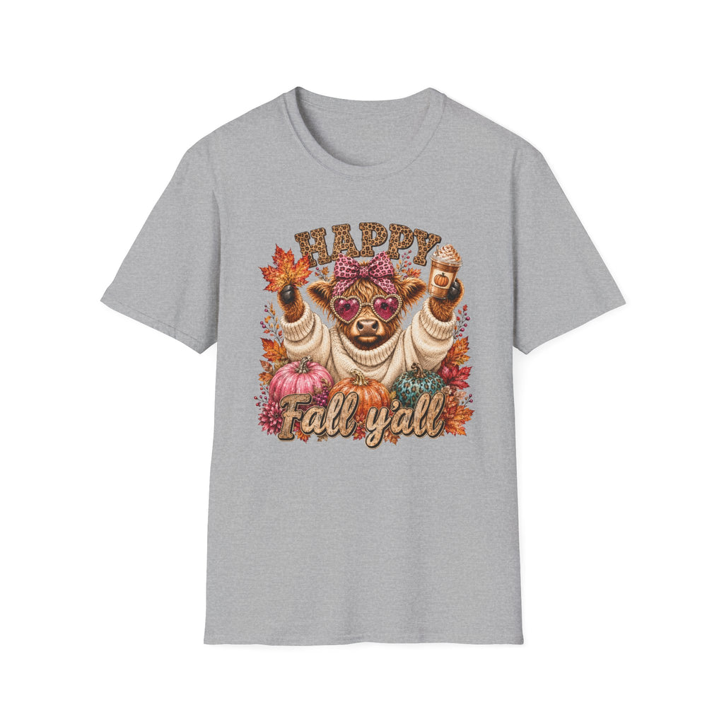 Happy Fall Y'all T-Shirt — Cute Cow in Sweater Autumn Tee