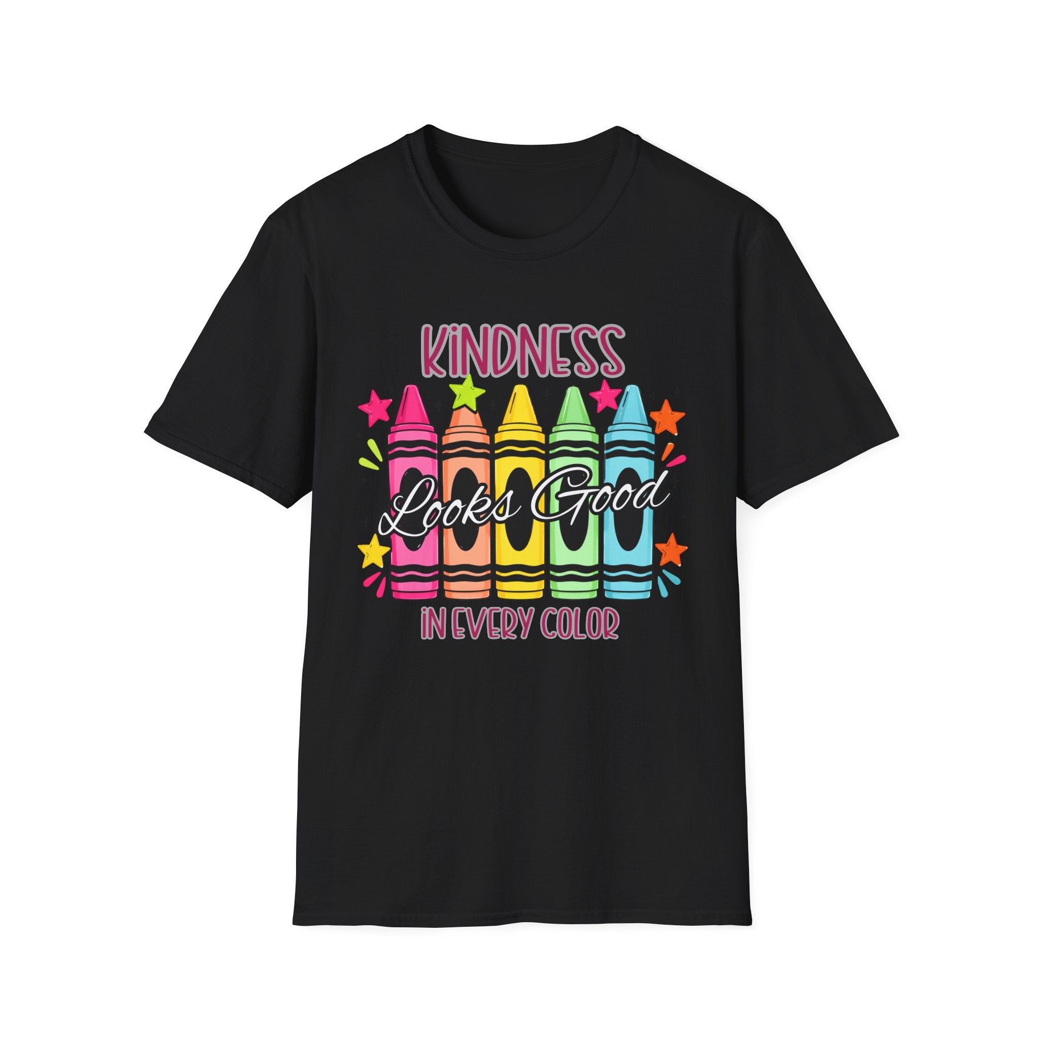 Kindness Looks Good T-Shirt — Colorful Crayon Graphic Tee for Teachers & Kids
