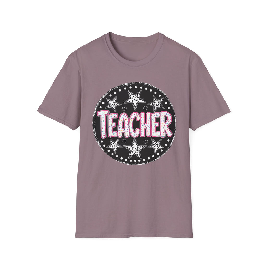 Teacher Starburst T‑Shirt — Cute Pink Marquee Text Tee for Educators