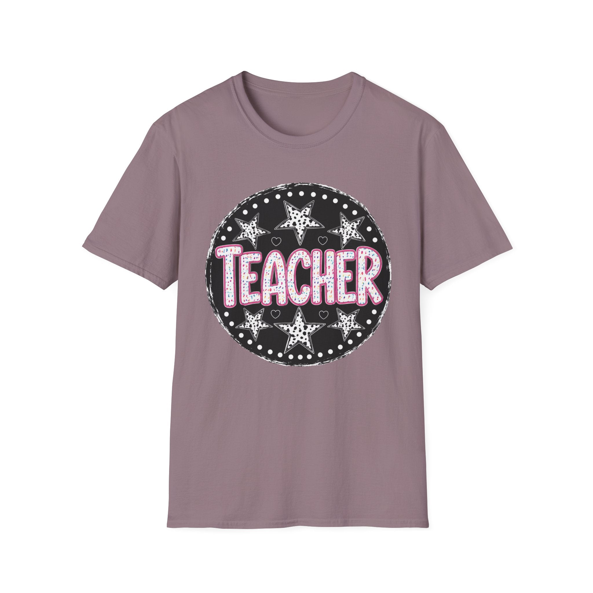 Teacher Starburst T‑Shirt — Cute Pink Marquee Text Tee for Educators