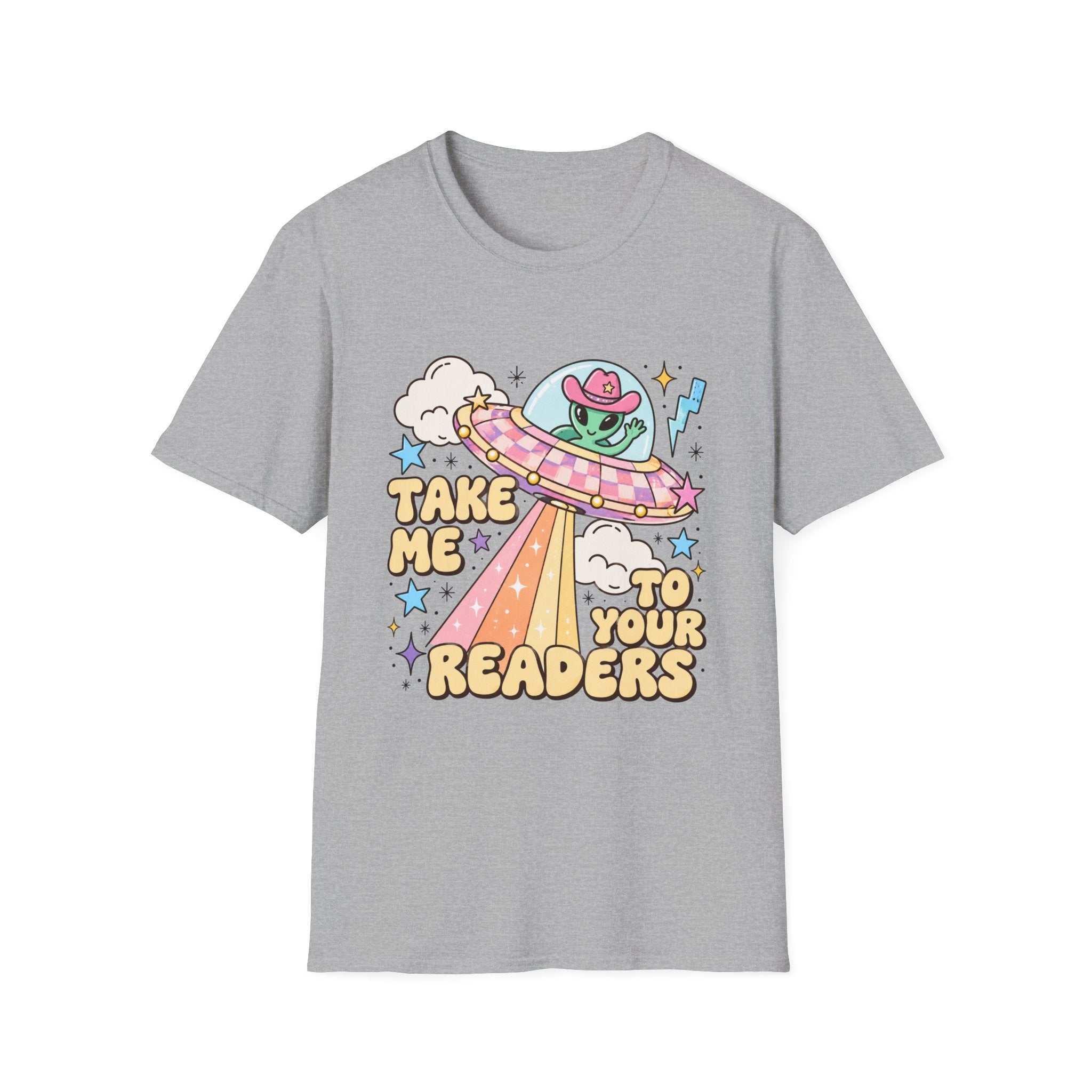 T-Shirt — “Take Me to Your Readers” Alien UFO Cute Graphic Tee