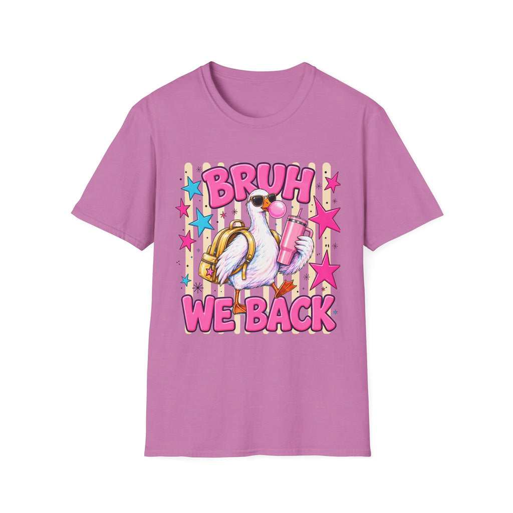 Bruh We Back! Graphic T-Shirt — Retro Flamingo with Bubblegum & Stars