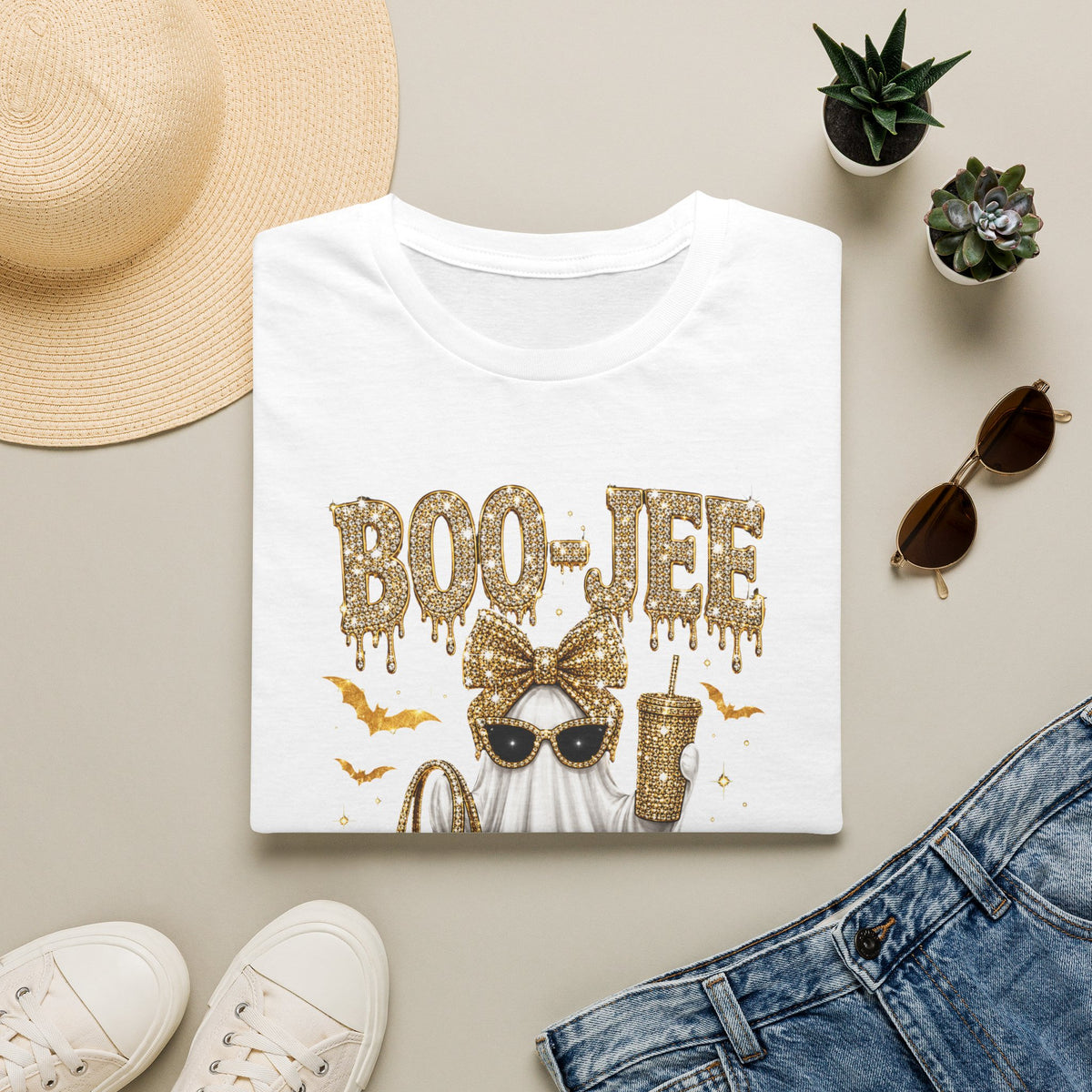 Boo-Jee Ghost T-Shirt — Glam Halloween Graphic Tee with Gold Glitter Accessories