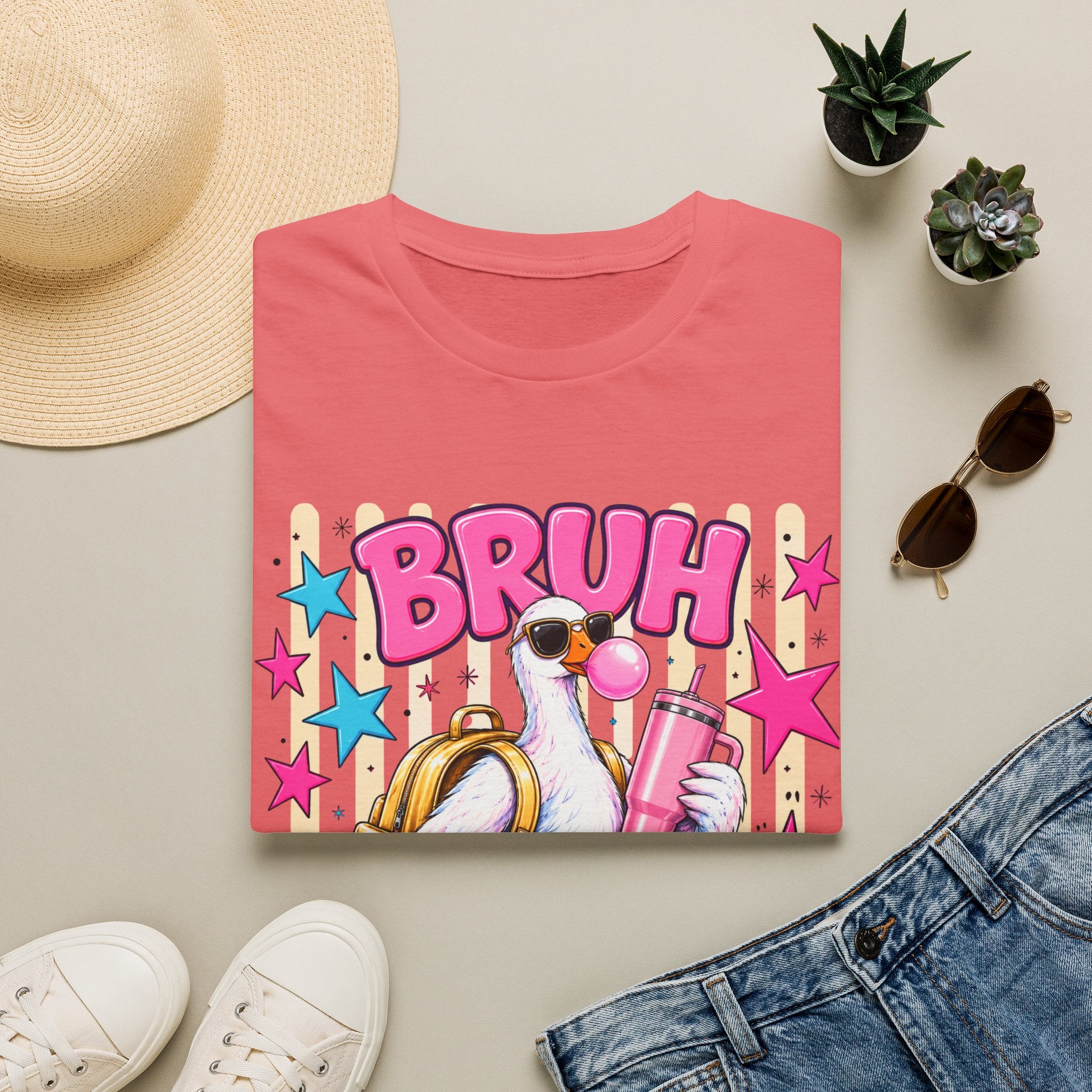 Bruh We Back! Graphic T-Shirt — Retro Flamingo with Bubblegum & Stars