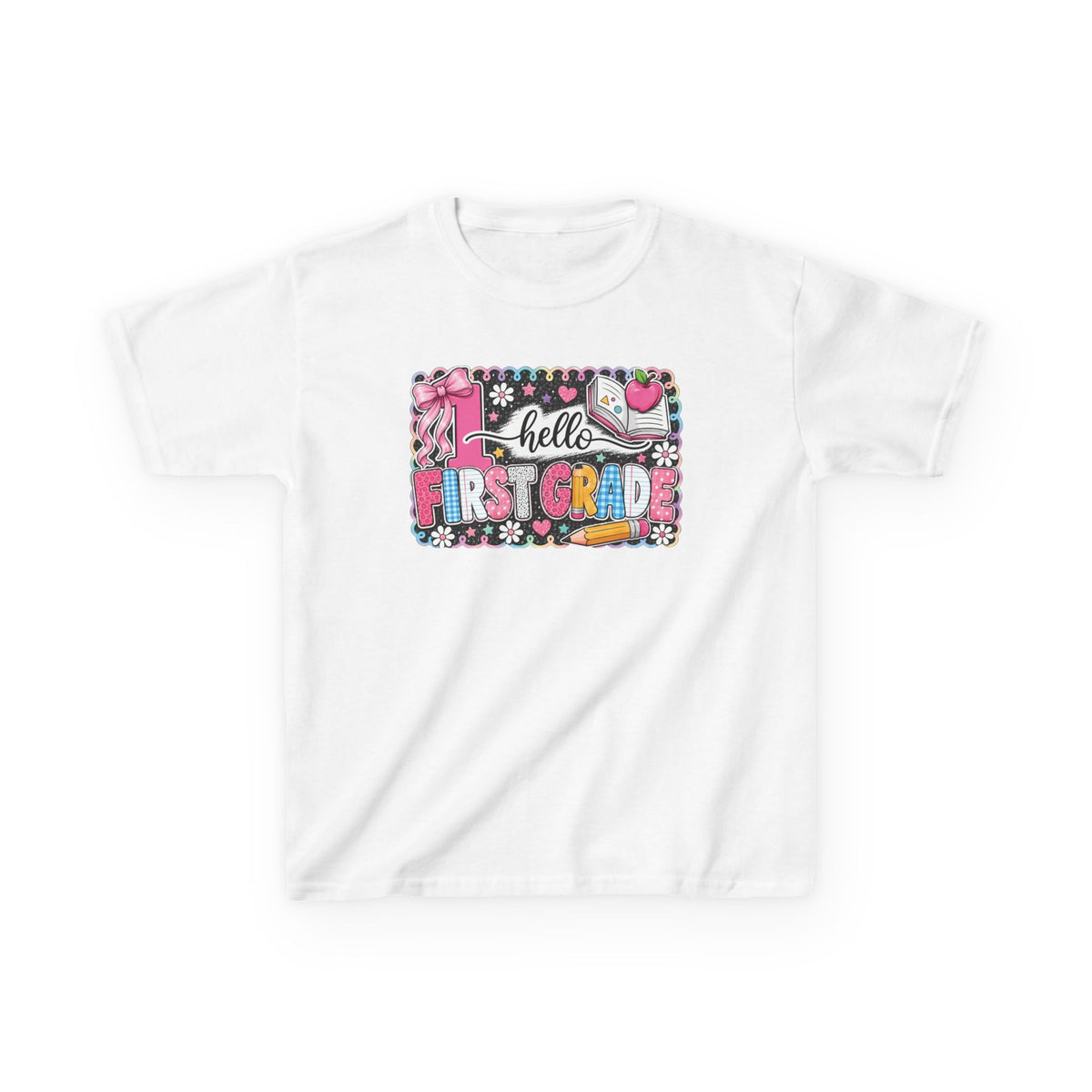 First Grade Kids T‑Shirt - "Hello First Grade" Colorful School Back-to-School Tee