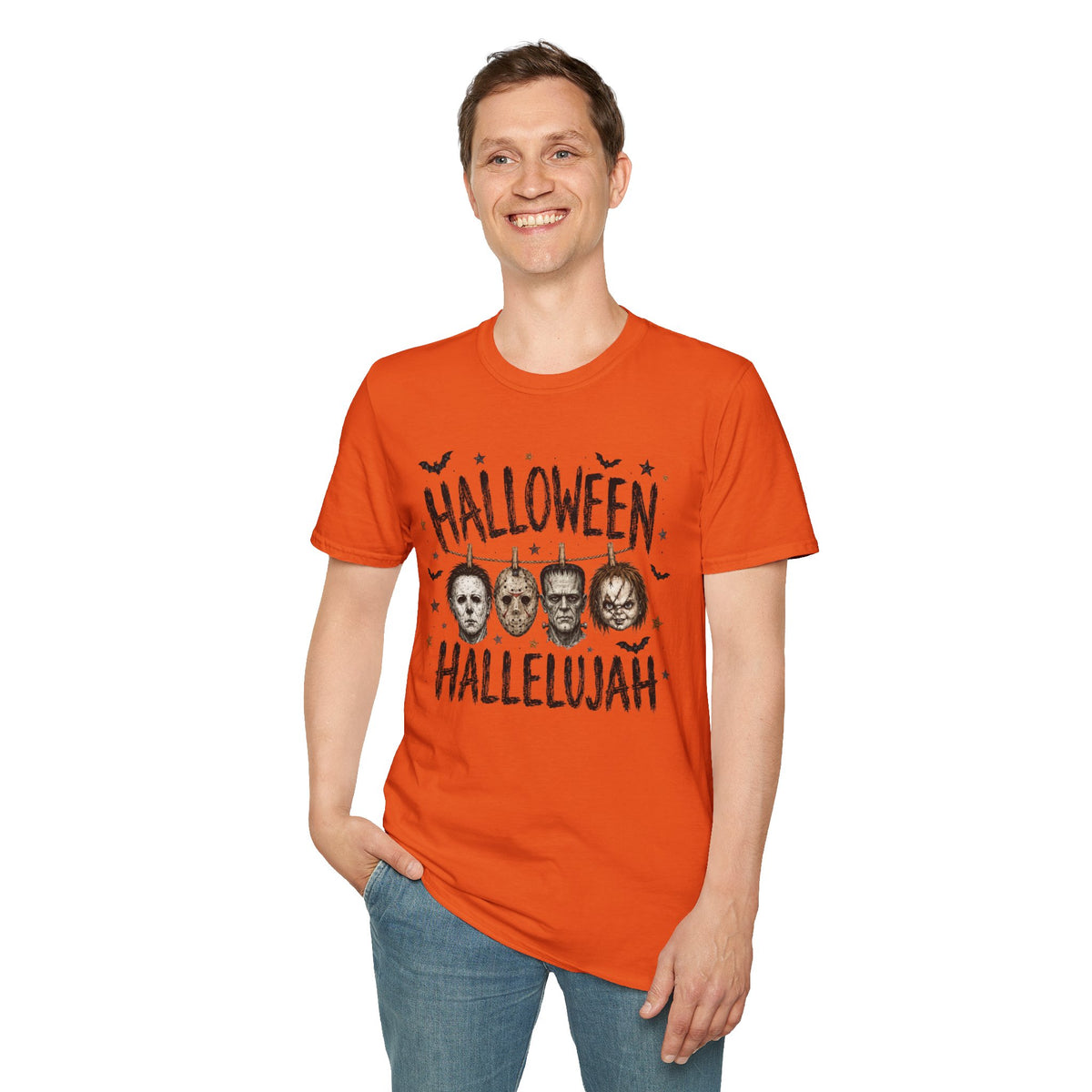Halloween Hallelujah T-Shirt — Retro Horror Mask Parade Tee