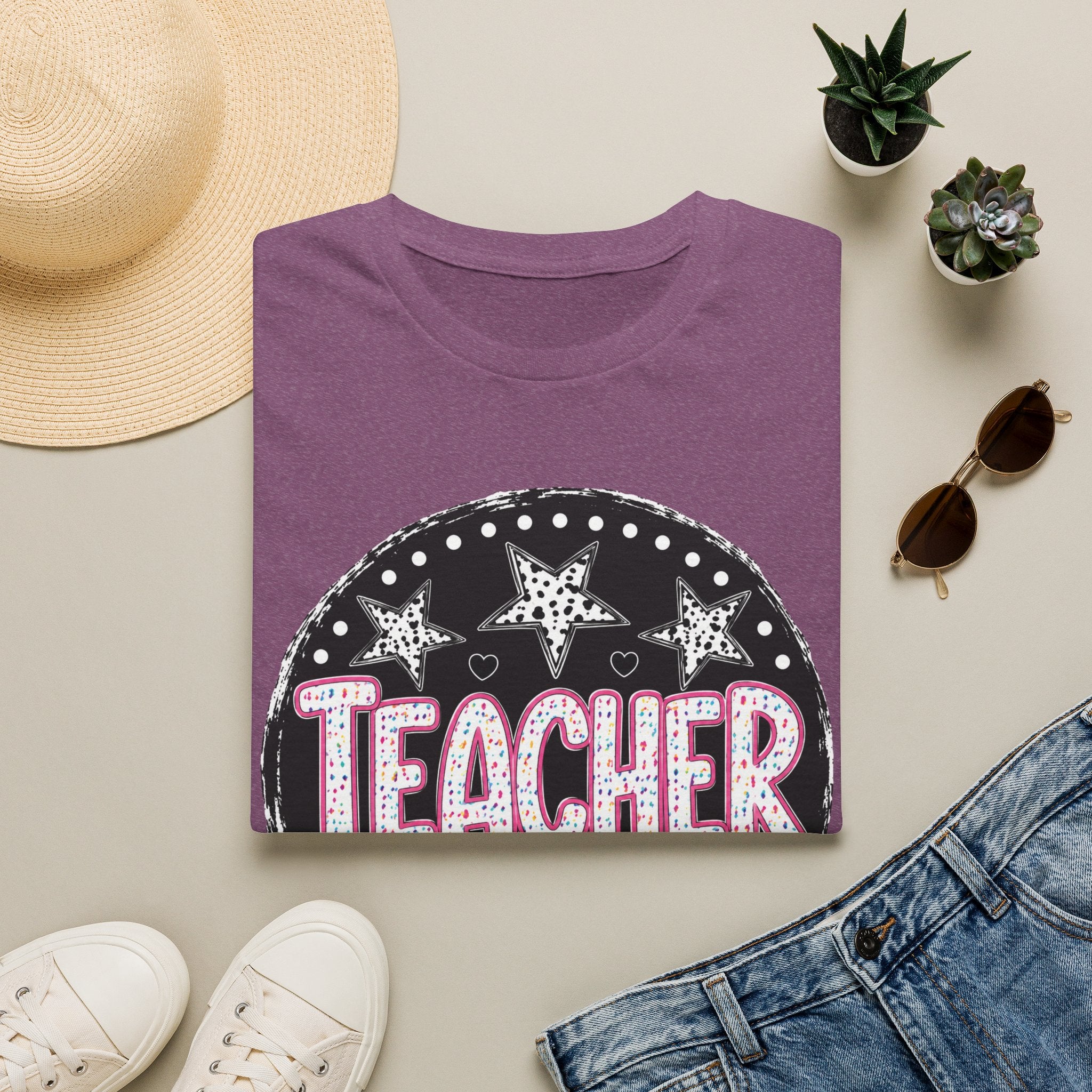 Teacher Starburst T‑Shirt — Cute Pink Marquee Text Tee for Educators