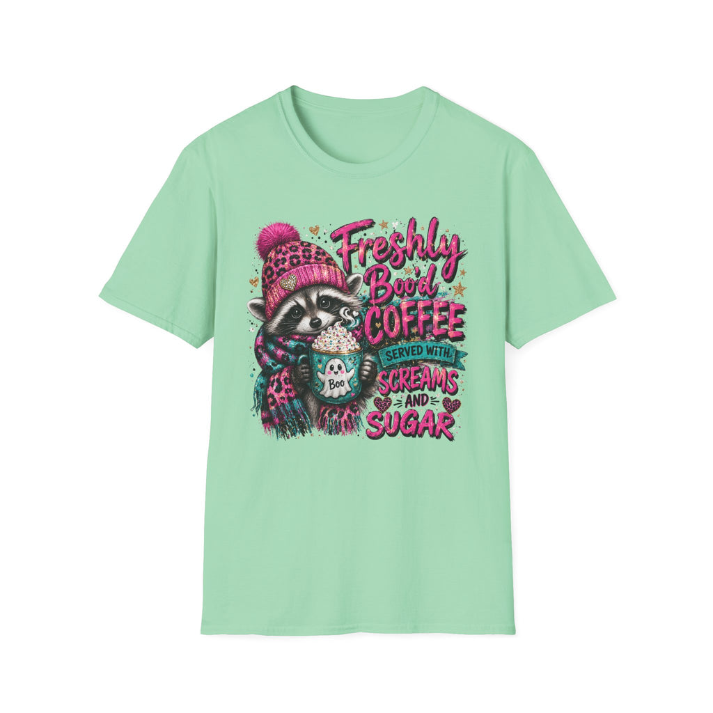 T-Shirt — "Freshly Brewed Coffee" Raccoon Graphic Tee