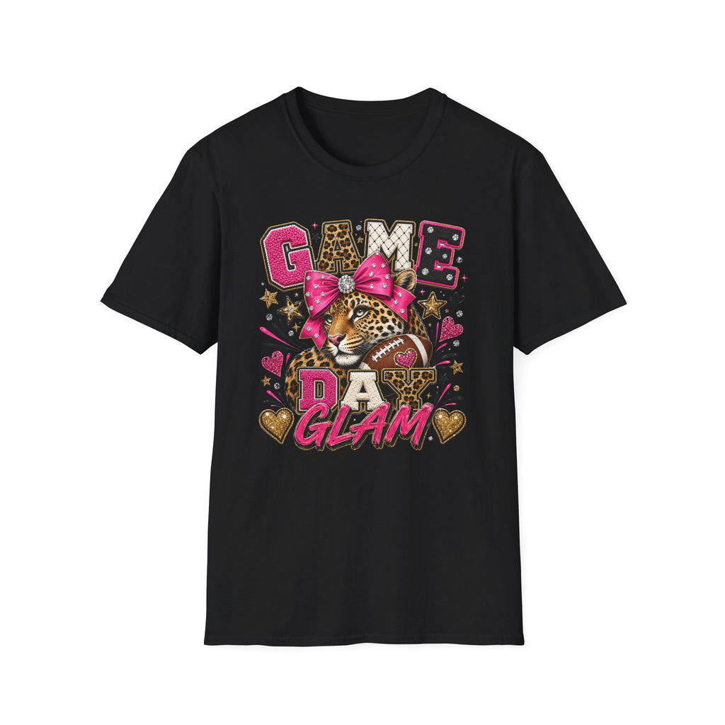 Game Day Glam T-Shirt — Leopard Football Design with Pink Bow