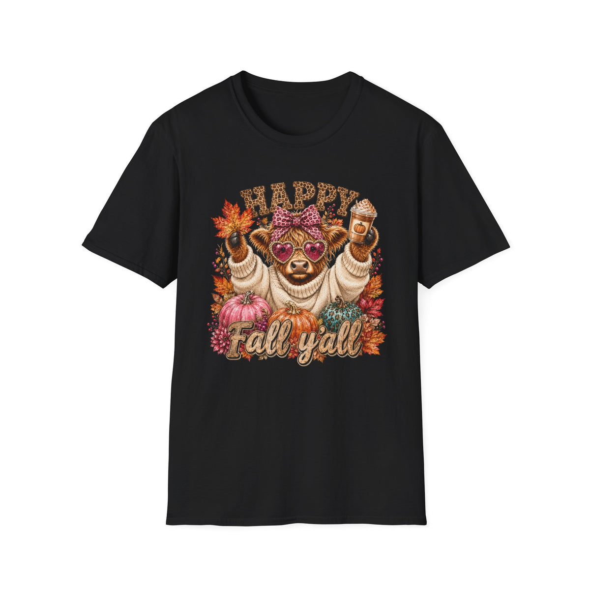 Happy Fall Y'all T-Shirt — Cute Cow in Sweater with Coffee & Leaves