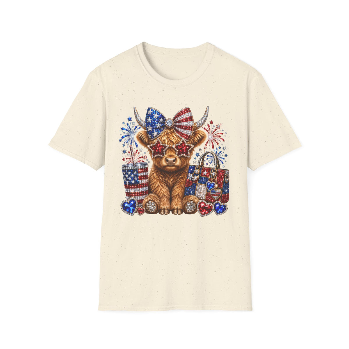 Patriotic Highland Cow T‑Shirt — USA Flag Bow, Fireworks & Stars (4th of July)